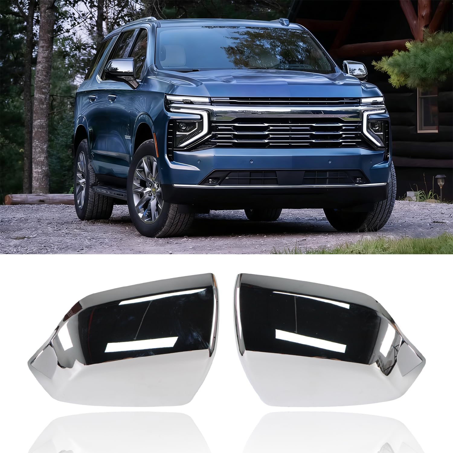AUCERAMIC 2pcs Chrome Side Door Mirror Cover Cap Fit for 2021-2025 Chevy Tahoe Suburban, GMC Yukon/Yukon XL, Cadillac Escalade, Exterior Side Door Mirror Accessories (Chrome), Stick-on Overlay