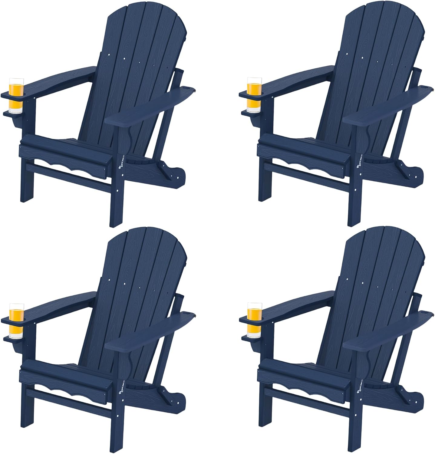 Folding Adirondack Chairs Set of 4, HDPE Plastic Adirondack Chair with Cup Holder Weather Resistant, Wood Texture Outdoor Fire Pit Chairs for Patio Garden,Poolside and Deck, Umbrella Hole, Dark Blue