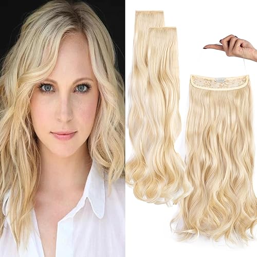 Miniatura 1 de Extensiones de cabello invisibles con halo mejorado con 3 piezas de diadema ajustable, largo, ondulado, extensiones de cabello rubio decolorado