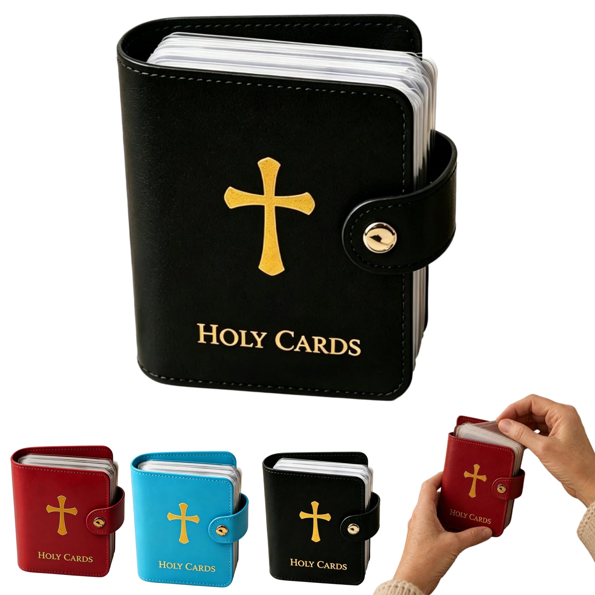 Catholic Prayer Card Set with Leather Holder,54 Catholic Prayers Cards with Pocket Holy Card Organizer,Snap Closure Devotional Cards Case for Mass,Daily Prayer & Religious Gifts