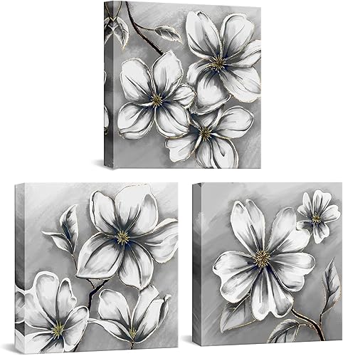 Miniatura 1 de FuShvre 3 paneles de lienzo de flores grises elegantes arte de pared de magnolia, pintura floral moderna para el hogar, sala de estar, dormitorio,