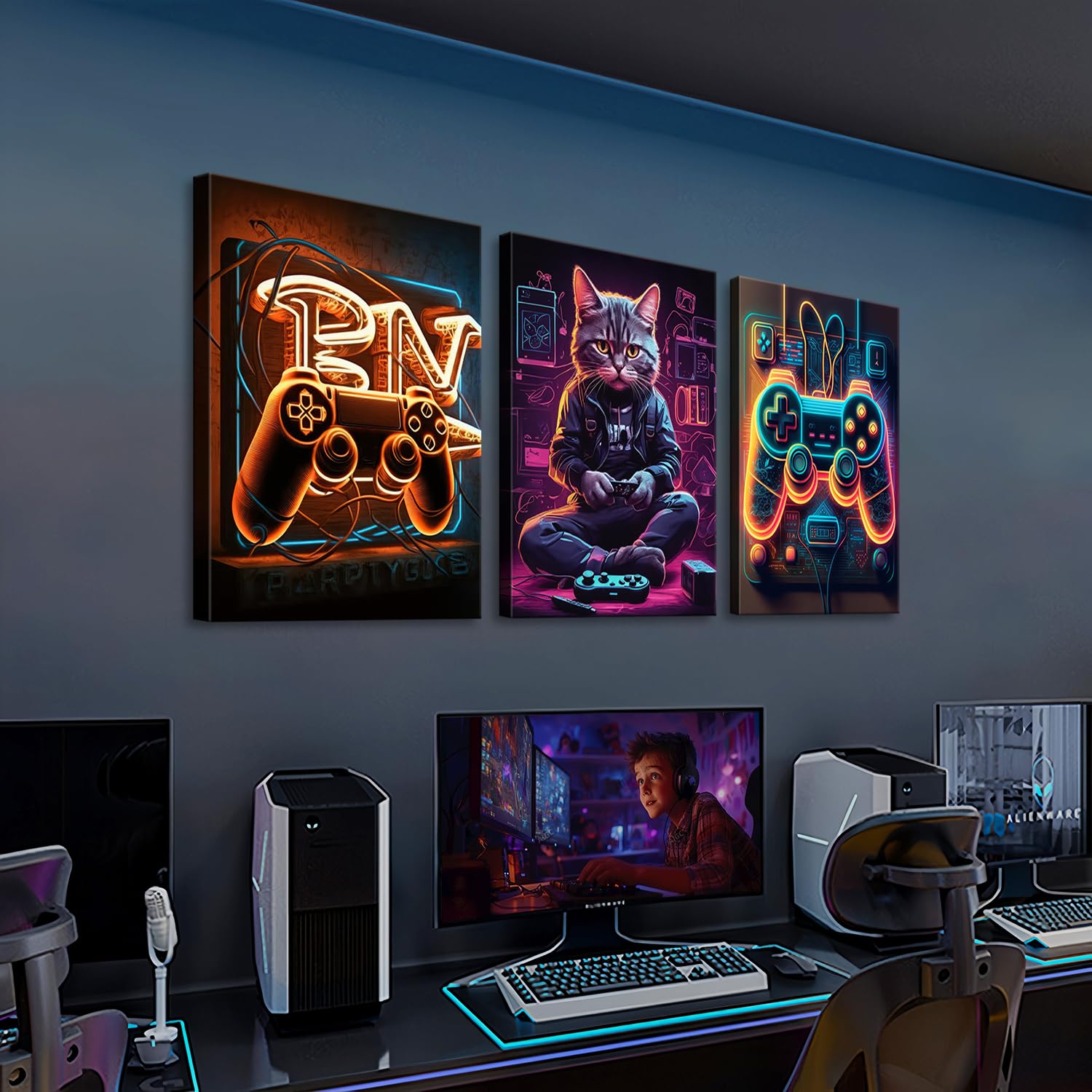 3 piezas de arte de pared retro de videojuegos y gatos, impresiones en lienzo para decoración de habitación de niños, dormitorio de niños, adolescentes, sala de juegos, decoración de pared, sin marco
