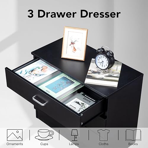 Miniatura 4 de Karl home Cómoda de 3 cajones para dormitorio, cajoneras pequeñas, mesita de noche moderna, cómoda negra con 3 cajones de almacenamiento, aparadores