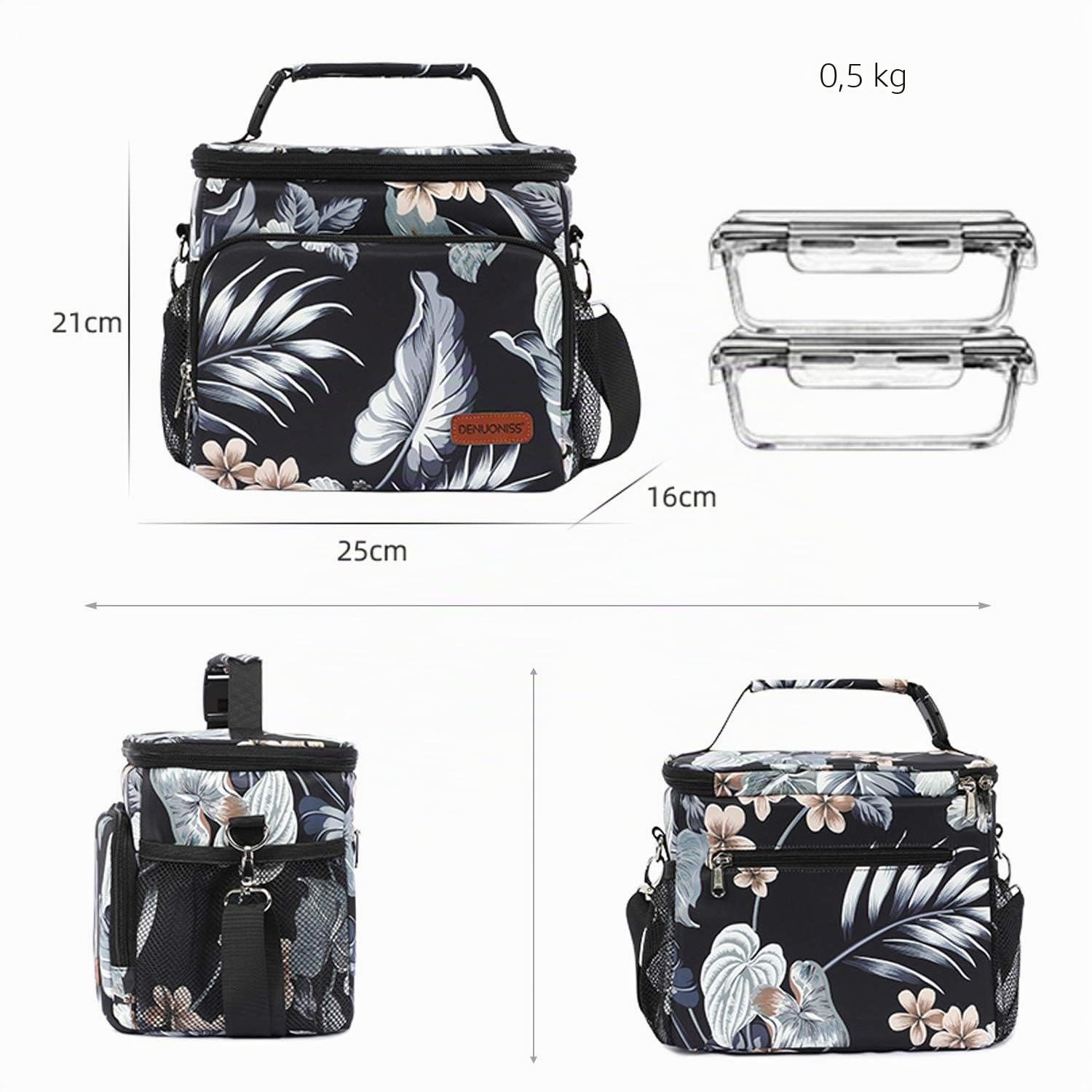 FANDARE Moda Borsa Termica Isolante Pranzo al Sacco Borsa da Picnic Borsa frigo Acquisti Auto Borsa a tracolla per Campeggio Nautica Spiaggia Pesca Scuola Lavoro Lunch Bag Poliestere Nero C