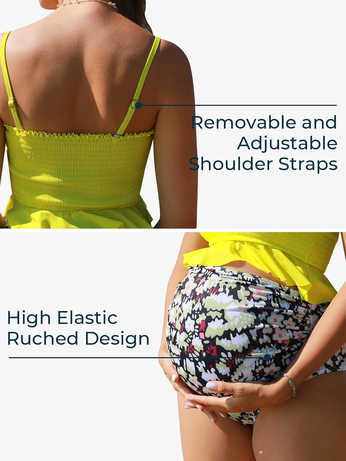 Summer Mae Maternity High Waist Swimsuit Ruffle Hem Bikini Bathing Suit Shirred Bandeau Two Piece Pregnancy Swimwear