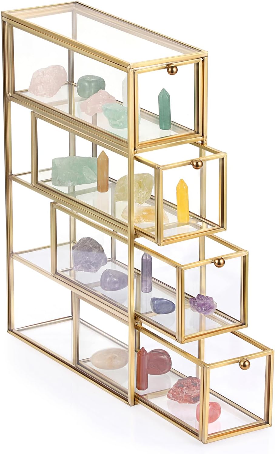 JUXYES Tabletop Modern Brass Glass Rock Display Case with 4 Drawers