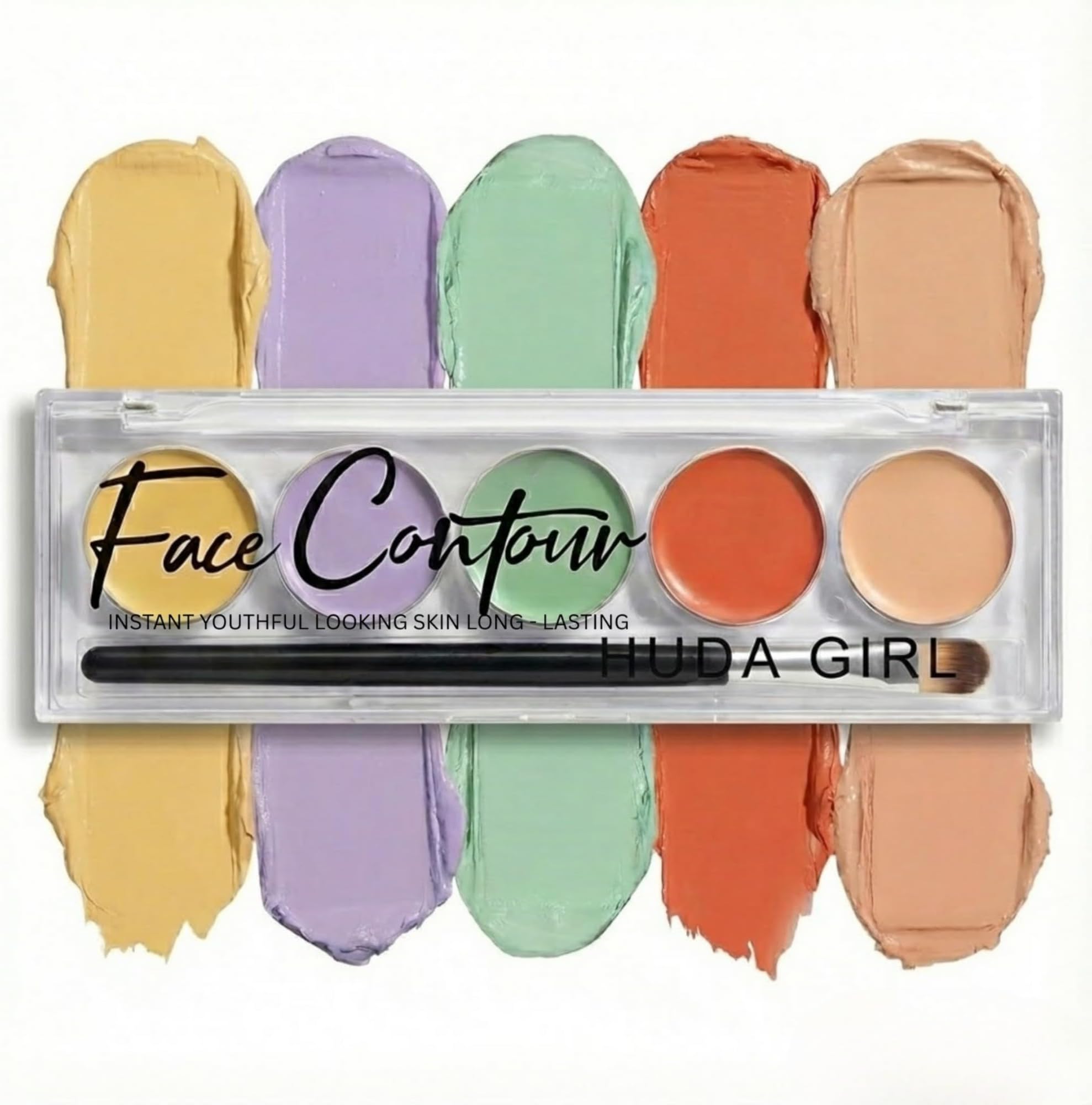 HUDA GIRL Natural 5-Shades 3in1 Contour, Highlighter and Concealer Palette with Brush, 24Hrs Waterproof Formula with Orange for Dark Circles, Oil Control for Face Makeup Kit for Women