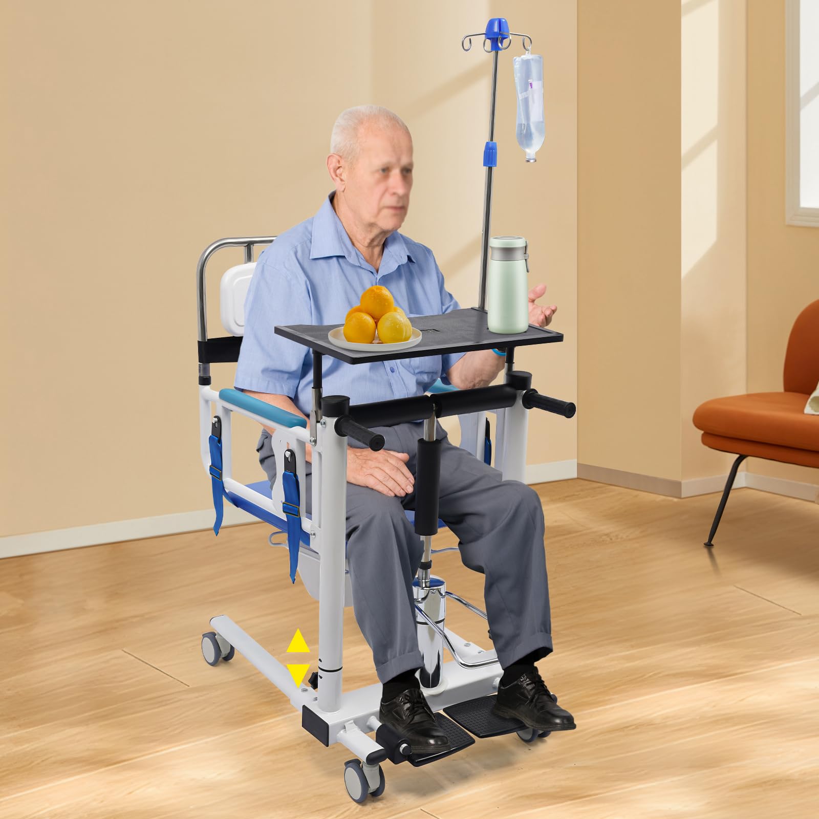 Hydrauliczny podnośnik dla pacjentów, krzesło toaletowe dla seniorów z kółkami, maksymalne obciążenie 120kg, siedzisko z regulacją wysokości, krzesło podnośnikowe (ze stojakiem na infuzję i basenem