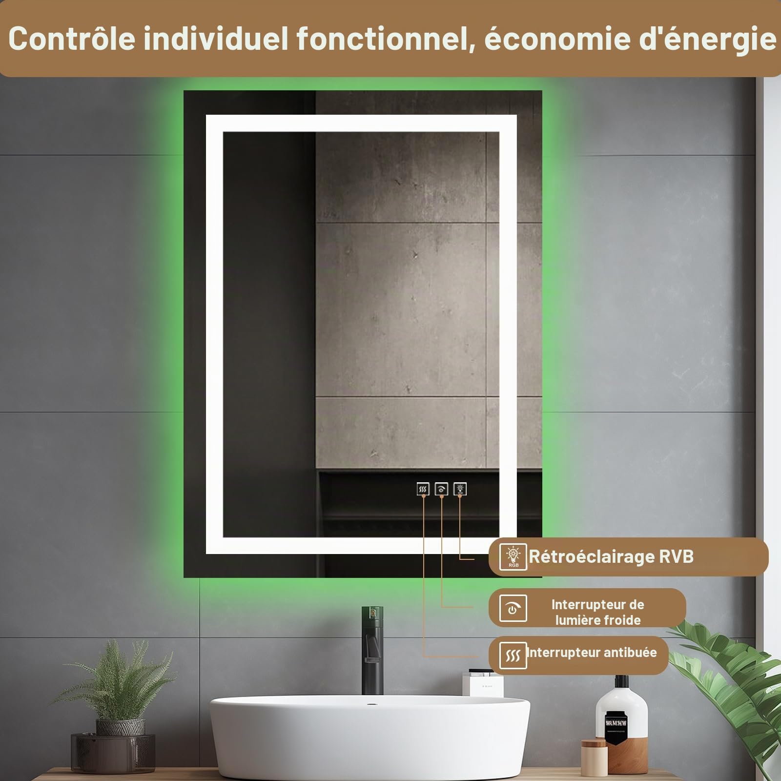 Miroir de Salle de Bain LED 70 x 50 cm avec éclairage et Fonction Anti-buée, rétroéclairage RVB, éclairage Avant 6500 K, Miroir Intelligent avec Fonction de Changement de Couleur