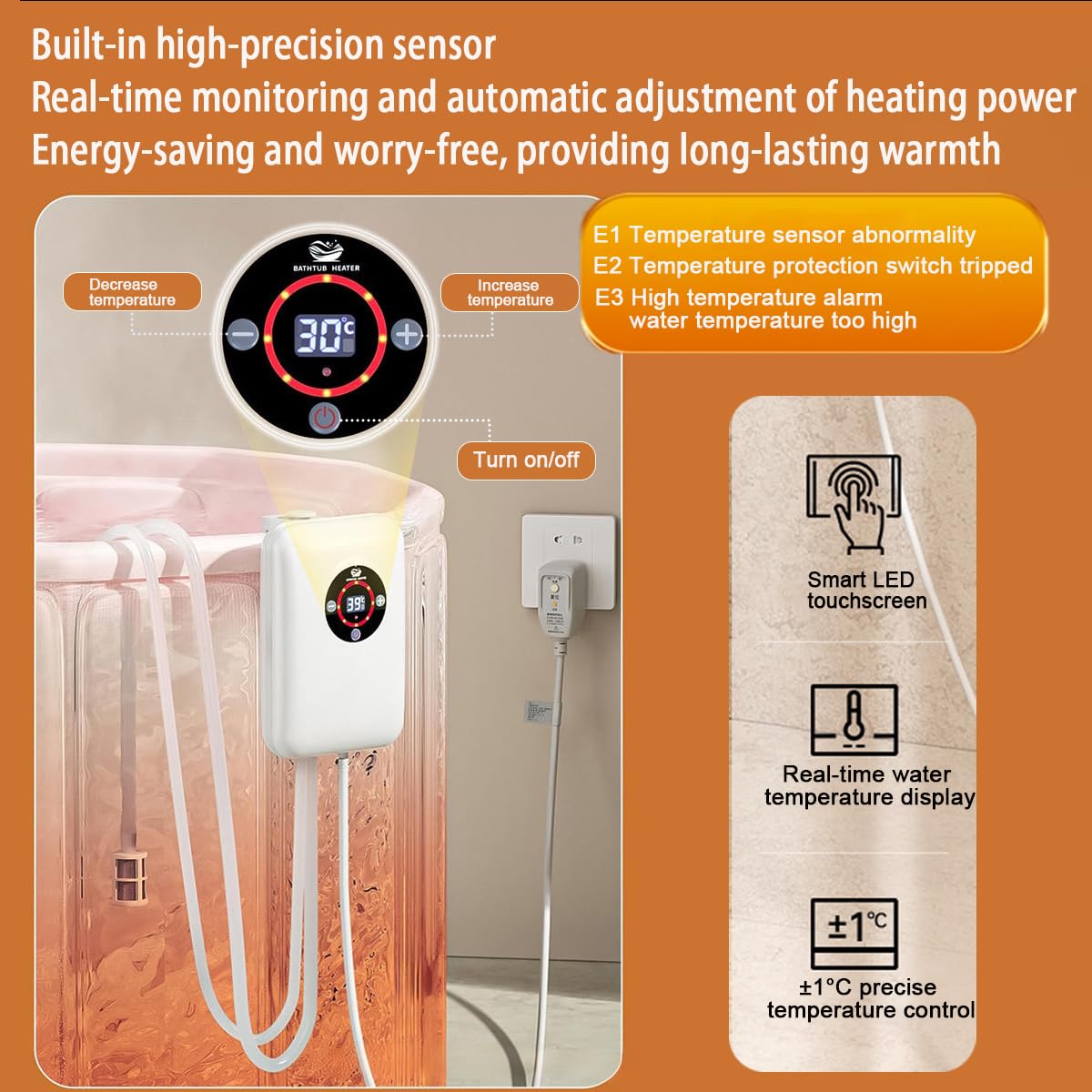 Vasca Da Bagno Portatile Per Adulti Riscaldatore - 1200W Riscaldatore Piscina，Con Protezione Contro Il Surriscaldamento，Mantiene Una Temperatura Dell'acqua Costante Da 30 A 43°C