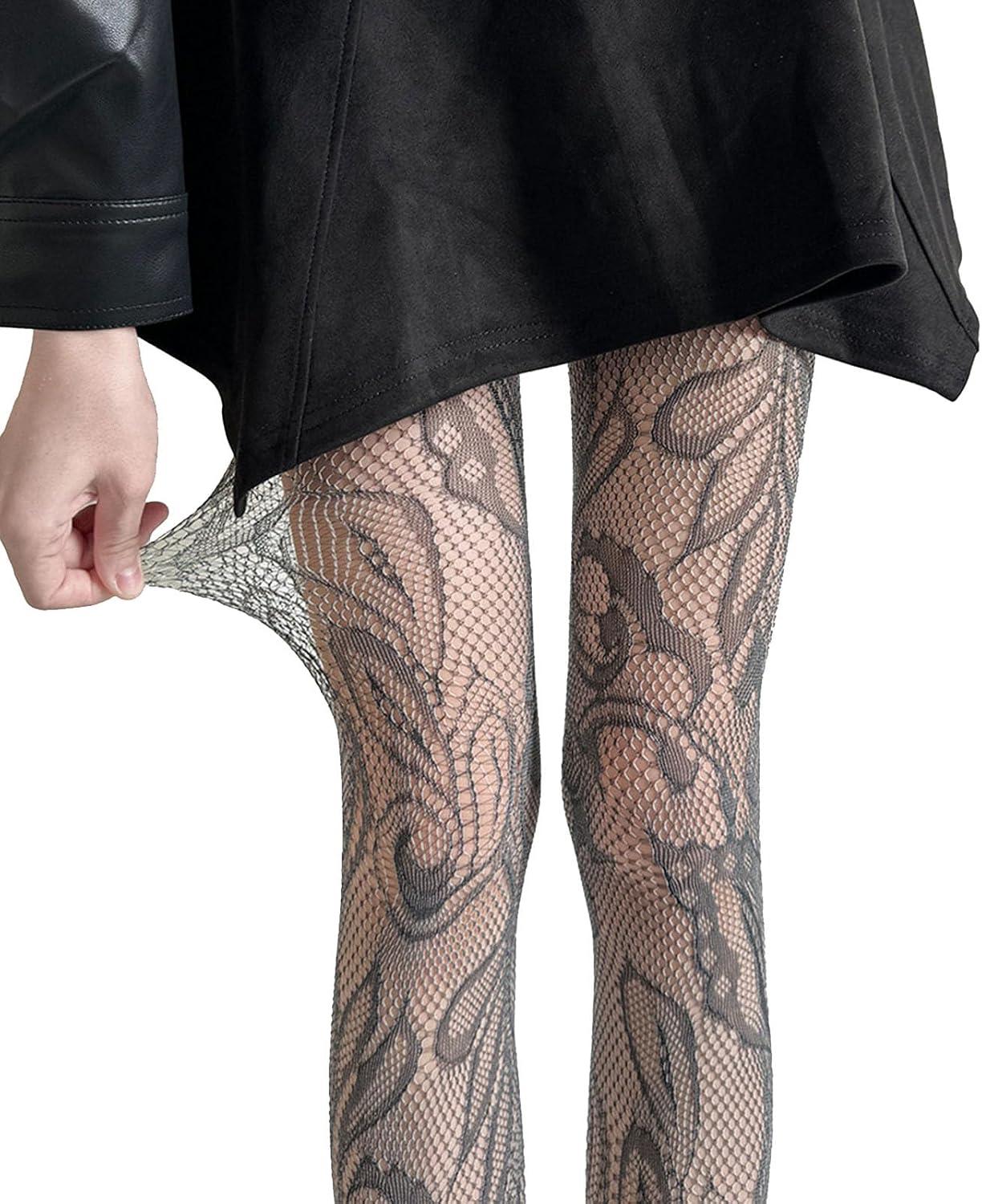 Women Elegant French Floral Lace Fishnet Stockings, Black, Mesh Pattern Design, High-Waisted Style, Women's Hosiery