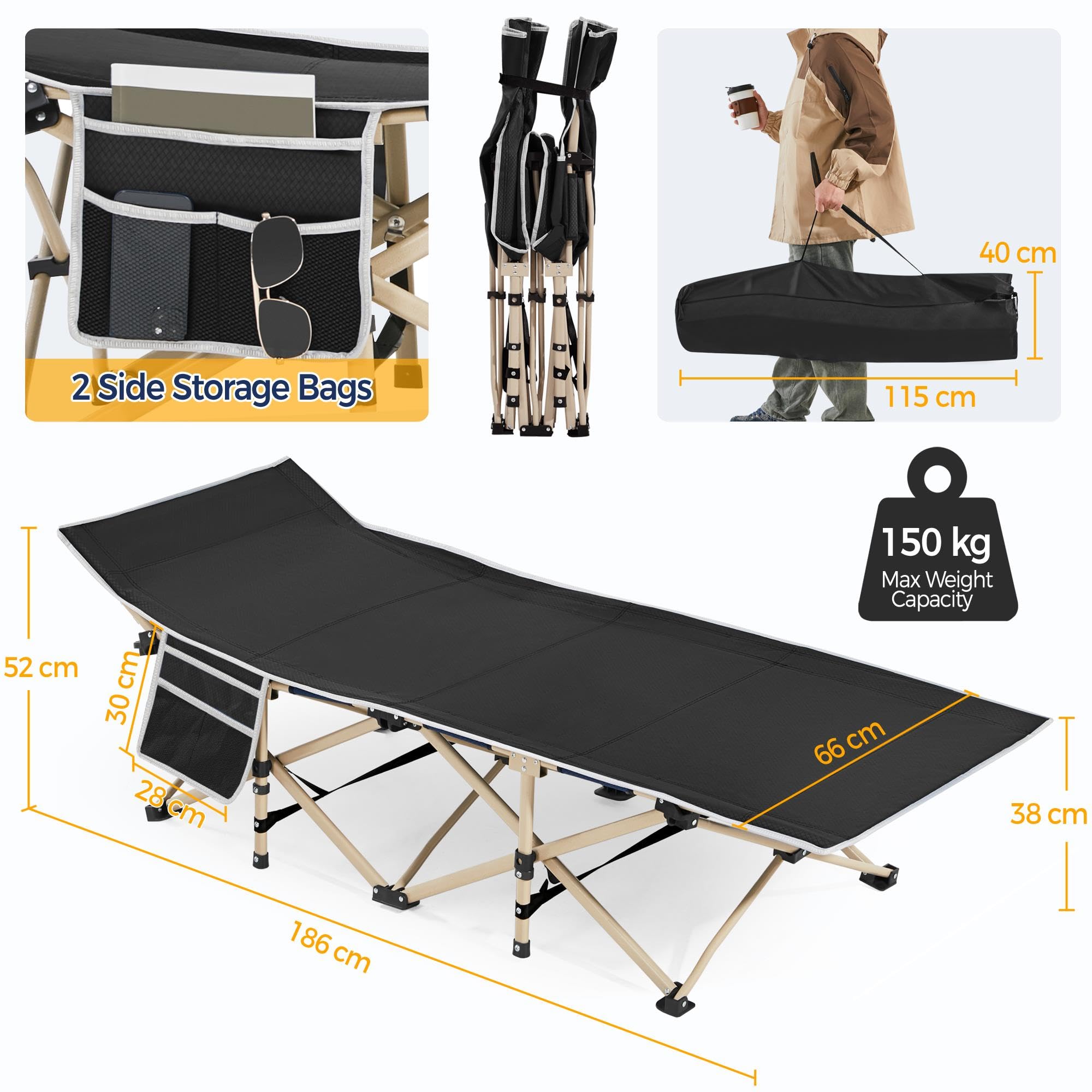 Yaheetech Feldbett Gästebett Campingbett Camping Reisen Bett klappbar bis 150kg belastbar mit Transporttasche 186 x 66 x 52 cm, Schwarz
