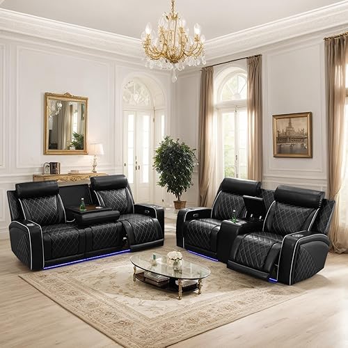 Breathing Leather Power Recliner Sofa Set, 2 Piece Leather Couch
