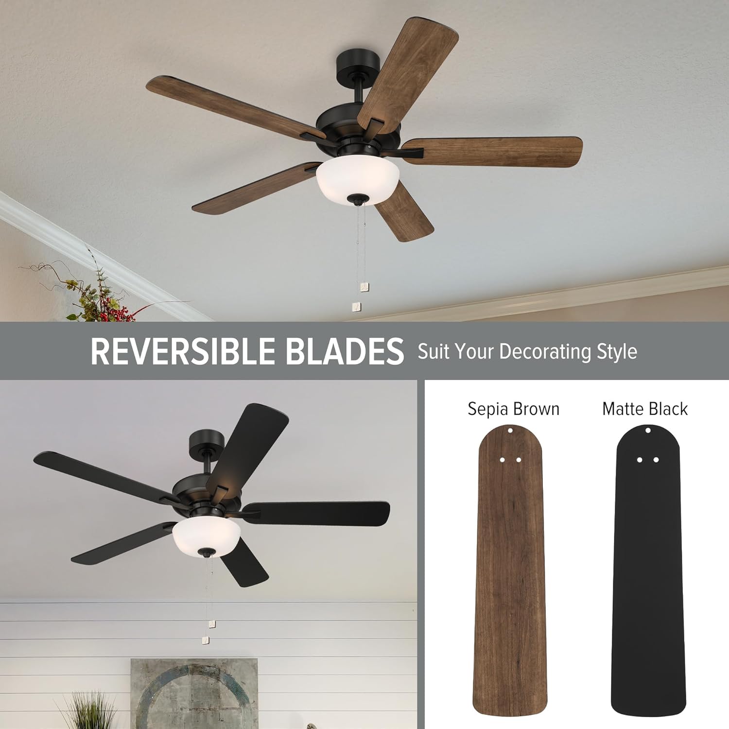 DESIGNERS FOUNTAIN Gallant II Ceiling Fan with Lights, 52 Inch LED 3000K Indoor Outdoor 5-Blades Fan, Pull Chain, Matte Black, FP-GLT52B30A-MB