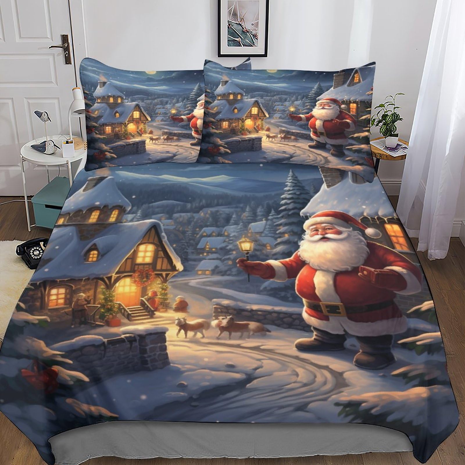 Santa Claus Duvet Cover Chiusura A Cerniera Set Copripiumino Calore Christmas Bedding Set Confortevole Set Di Biancheria Da Letto Colorato Biancheria Da Letto King（220x240cm）