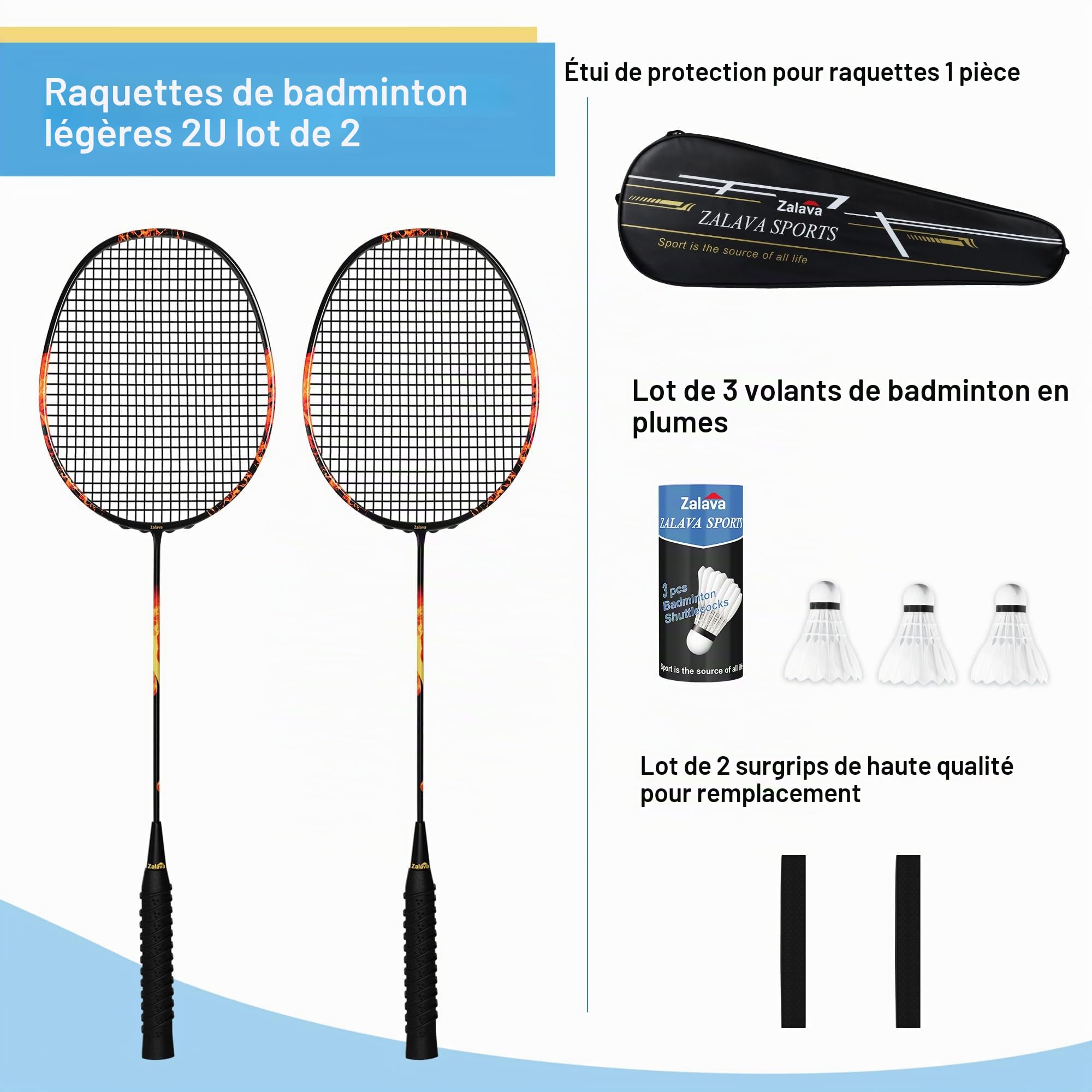 Ensemble de Badminton, 1 Paire de Raquettes de Badminton 2U avec Sac de Rangement, 3 Volants et 2 Bandes de Poignée, Sets de Raquettes Légères pour L’entraînement et Le Divertissement