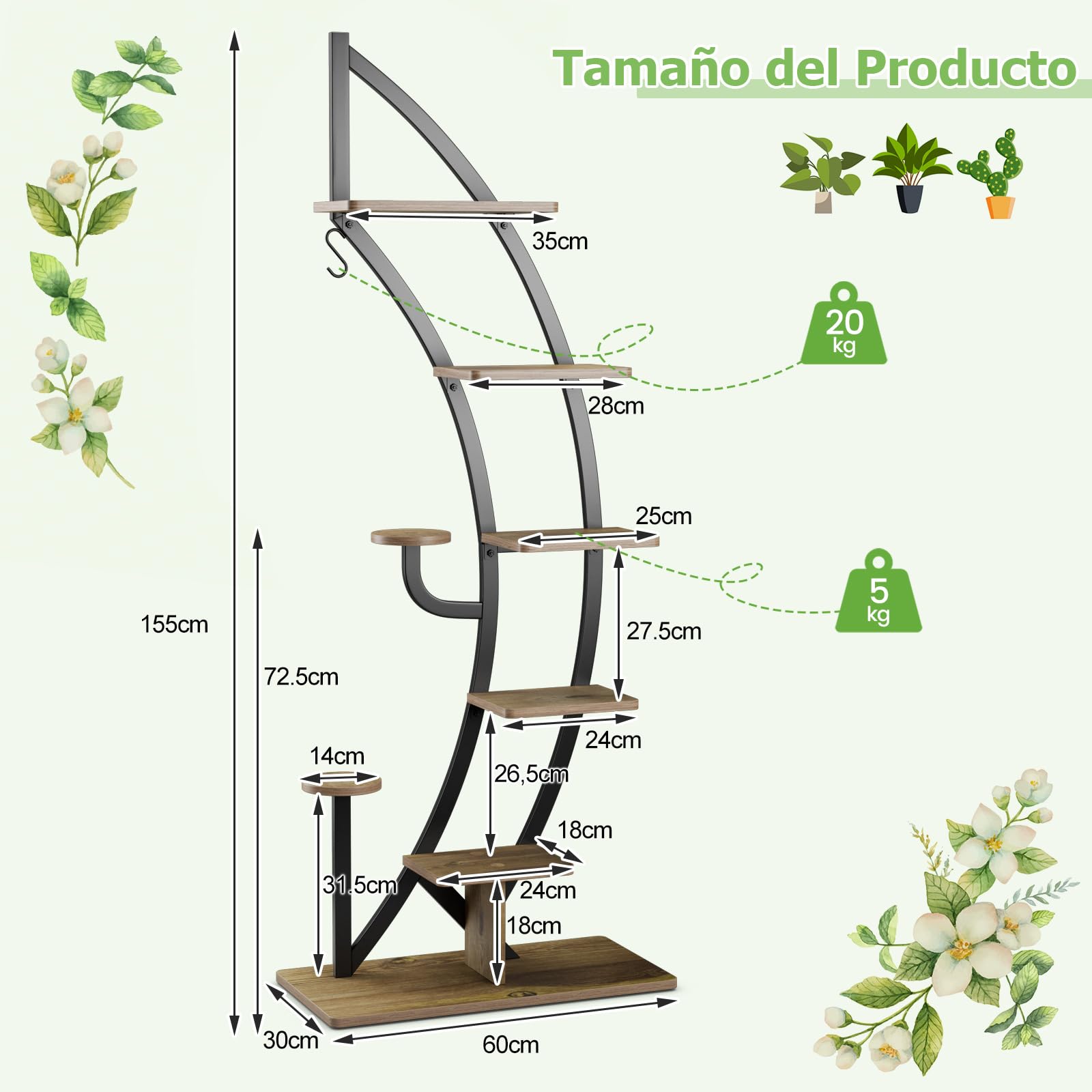 GOPLUS Soporte para Plantas de Metal de 7 Niveles, Estante de Exhibición con Forma de Media Luna, Gancho y Dispositivo Antivuelco, Estantería Curvada para Salón Dormitorio Balcón (Negro-2 Piezas)
