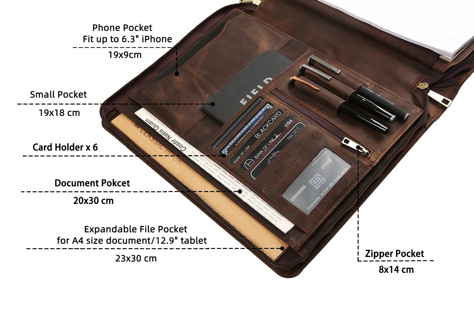 Portadocumenti fatto a mano in vera pelle per iPad/documenti, business padfolio con porta blocco note in pelle A4, cartella compatta in pelle per conferenze per uomini e donne, cachi scuro