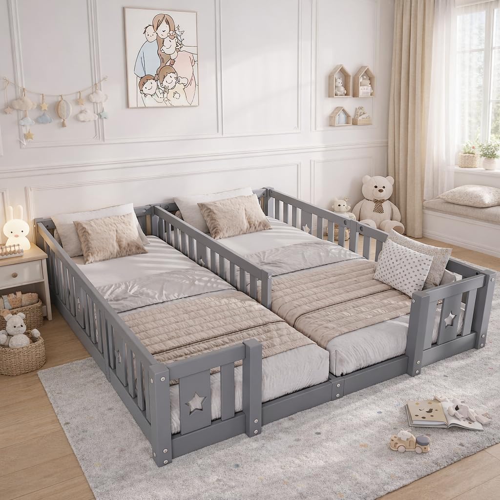 Letto Montessori Doppio 2x90x200 in Legno Massello, Letto Bambini con Sponde di Sicurezza, Letto a Terra per Cameretta, Letto Bambini Montessori, senza Rete a Doghe, Grigio