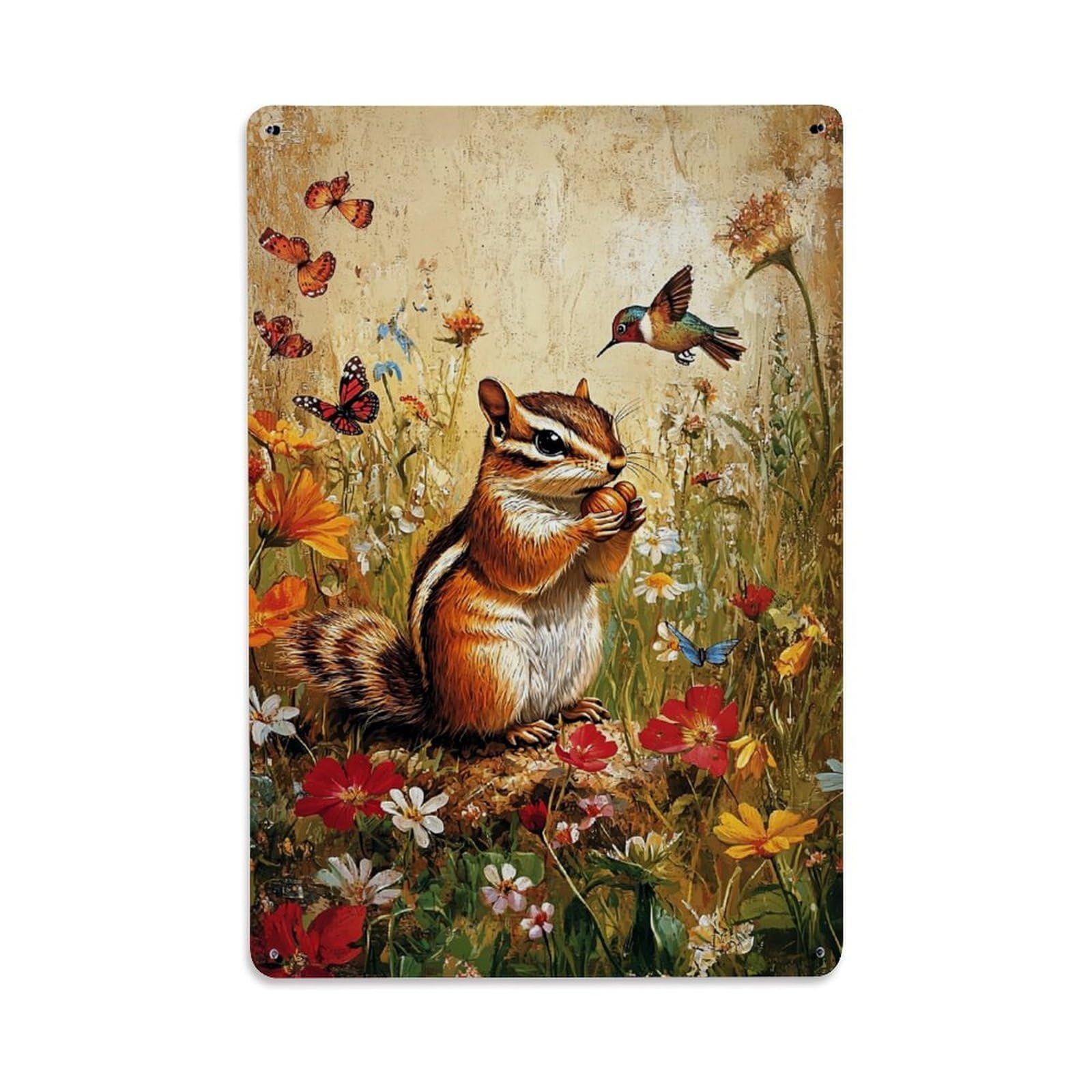 Jdfenggu Vintage Chipmunk Holding Nut In Flowers Retro Metal Tin Sign, Metal Poster For Bar, Home, Man Cave, Kitchen, Laundry Room Art Decor 8X12 Inch
