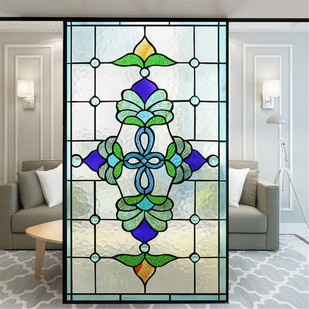 Xijier No Glue Decorative Privacy Frosted Window Film Classical Style Glass Door Window Covering Window Decals Window Sticker for Home Office 89x160cm(35