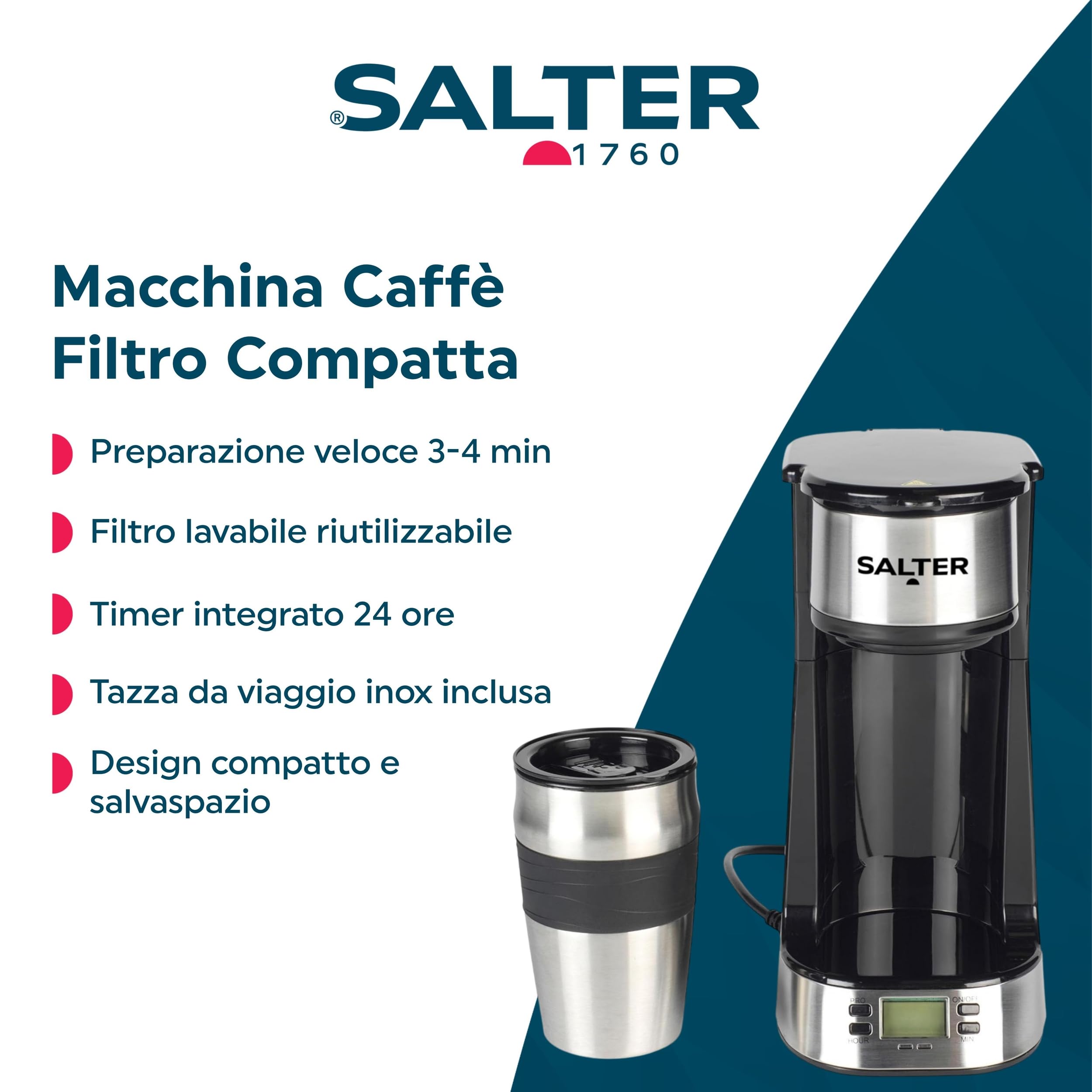 Salter Macchina da Caffè Digitale – Filtro per Una Tazza, Filtro Lavabile e Riutilizzabile, Include Tazza da Viaggio Inox 420ml, Preparazione in 3-4 Minuti, Adatta per Caffè Macinato/Capsule