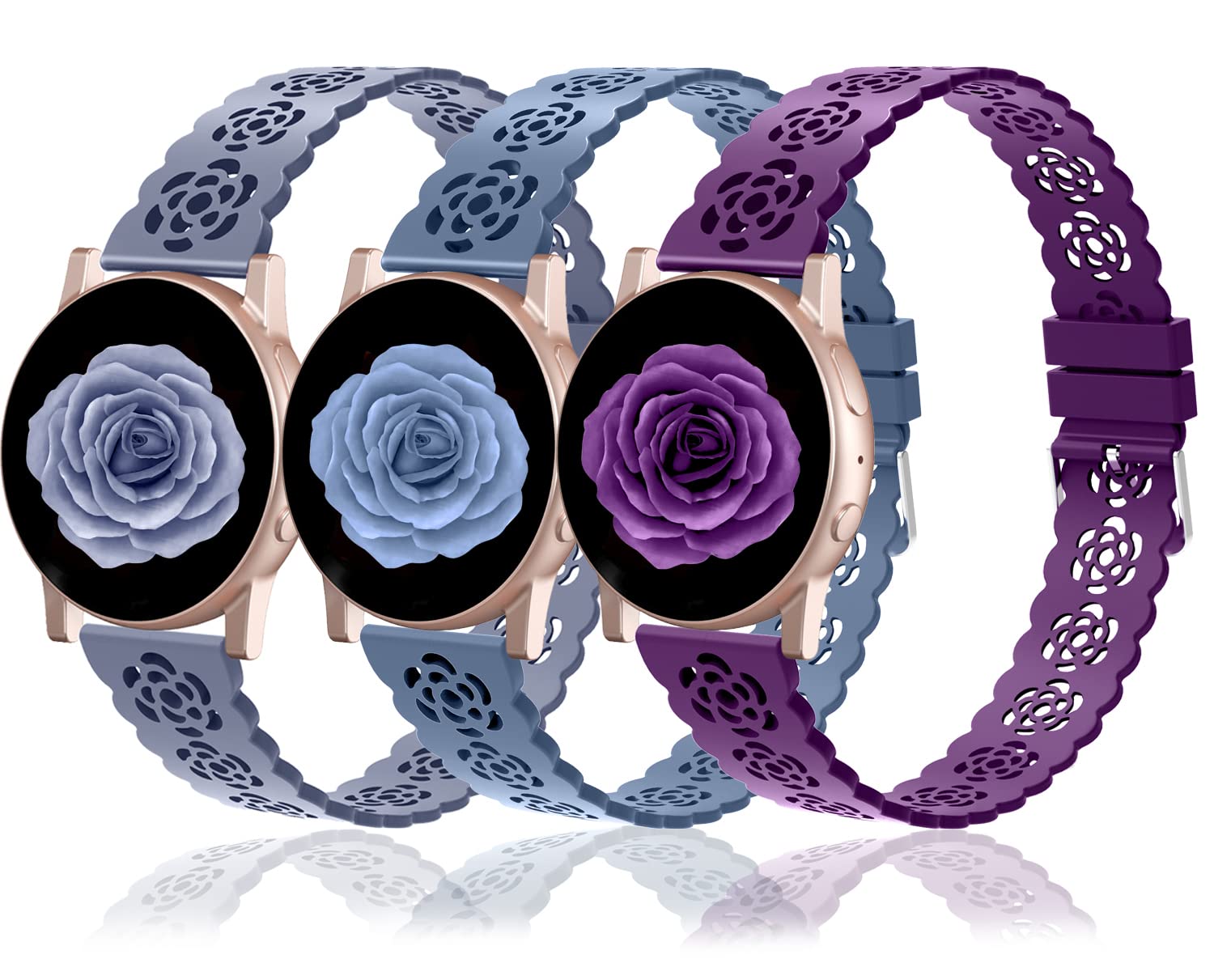 Nigaee 3 Pack 20mm Lace Silicone Band Compatible for Samsung Galaxy Watch 5/Watch 4 40mm 44mm/Watch 4 Classic 42mm 46mm/Watch 3 41mm/Active 40mm/Active 2 40mm 44mm, Soft Slim Bands for Women