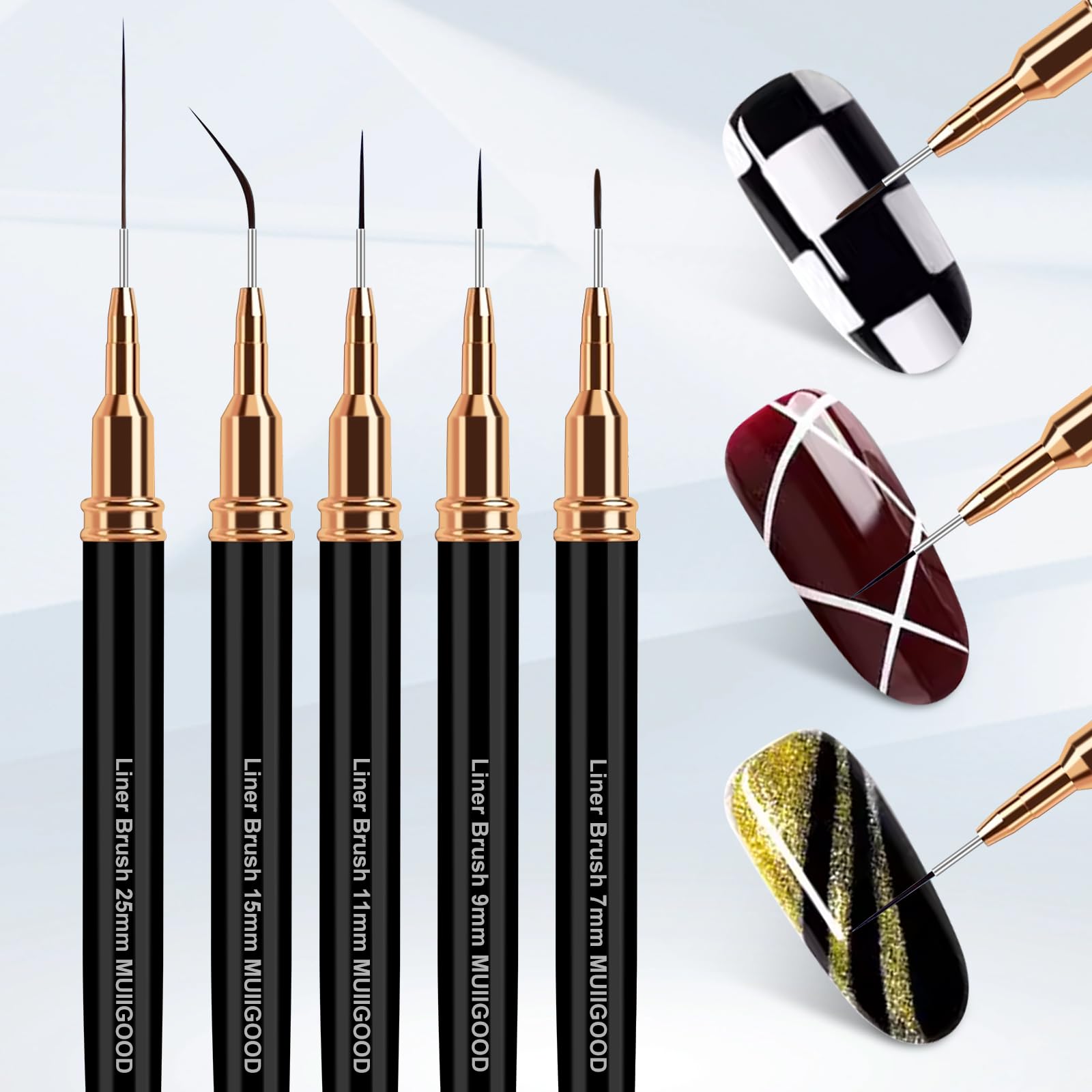 MUIIGOODNail Art Liner Brushes, 5Pcs Liner Brush For Nails, Painting Nail Art Brush Set Dotting Drawing Tool for Long Lines, Thin Details, UV Gel Polish Painting, Fine Drawing 7/9/11/15/25mm(Black)