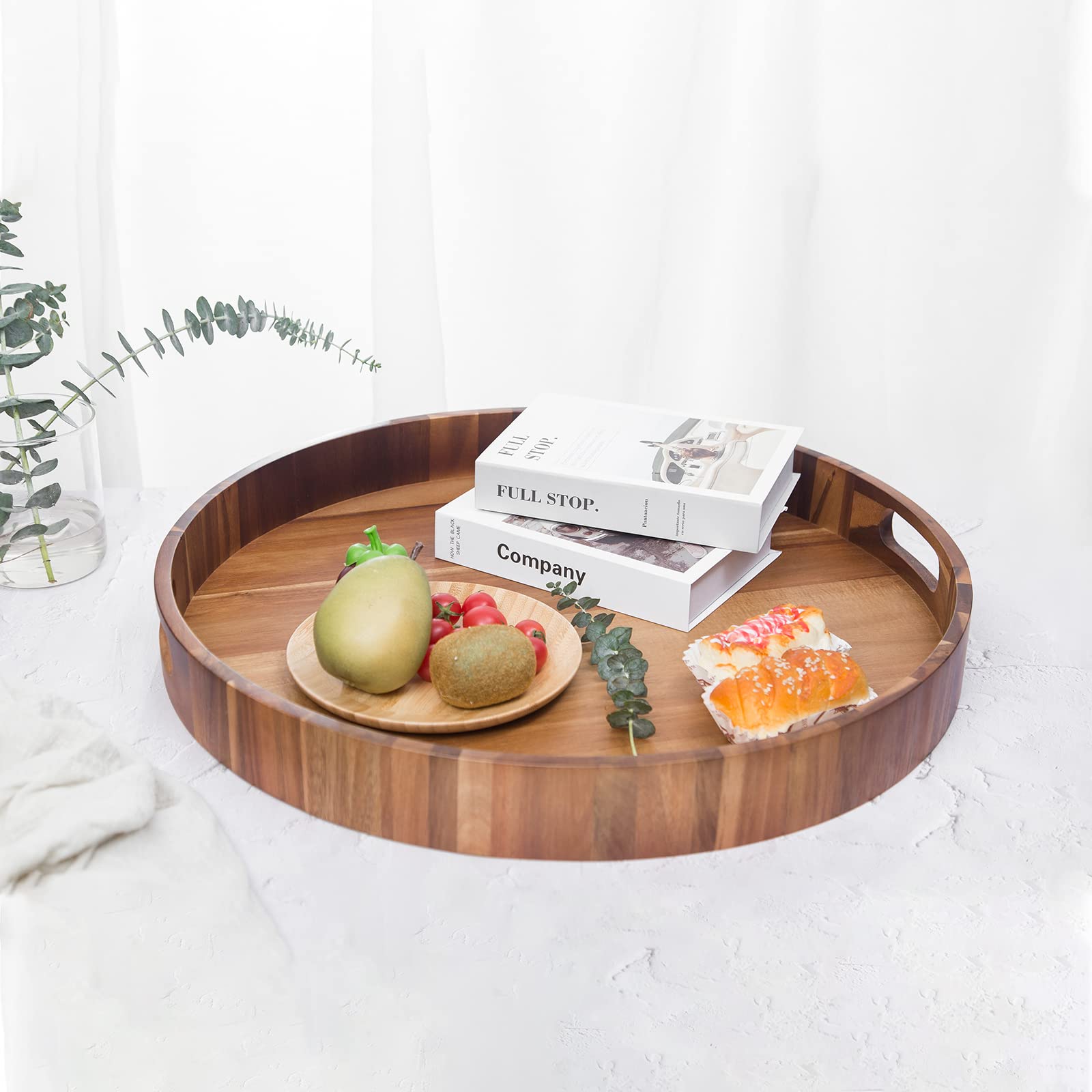 GinSent Vassoio da portata rotondo extra large da 55 cm, con manici, vassoio decorativo in legno ottomano per soggiorno, vassoio a prova di perdite per colazione, caffè, tè (acacia)