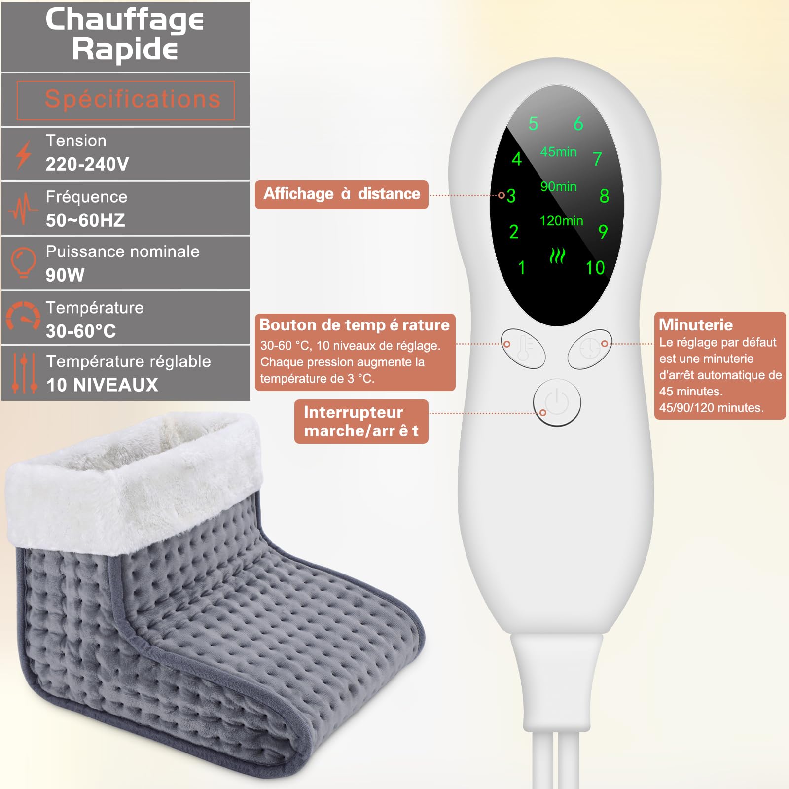 DEWEL Chauffe-pieds électrique 90 W 10 Niveaux de Température 30-60 ℃ Minuterie 45/90/120 min Doublure Amovible et Lavable Jusqu'à la Taille 44