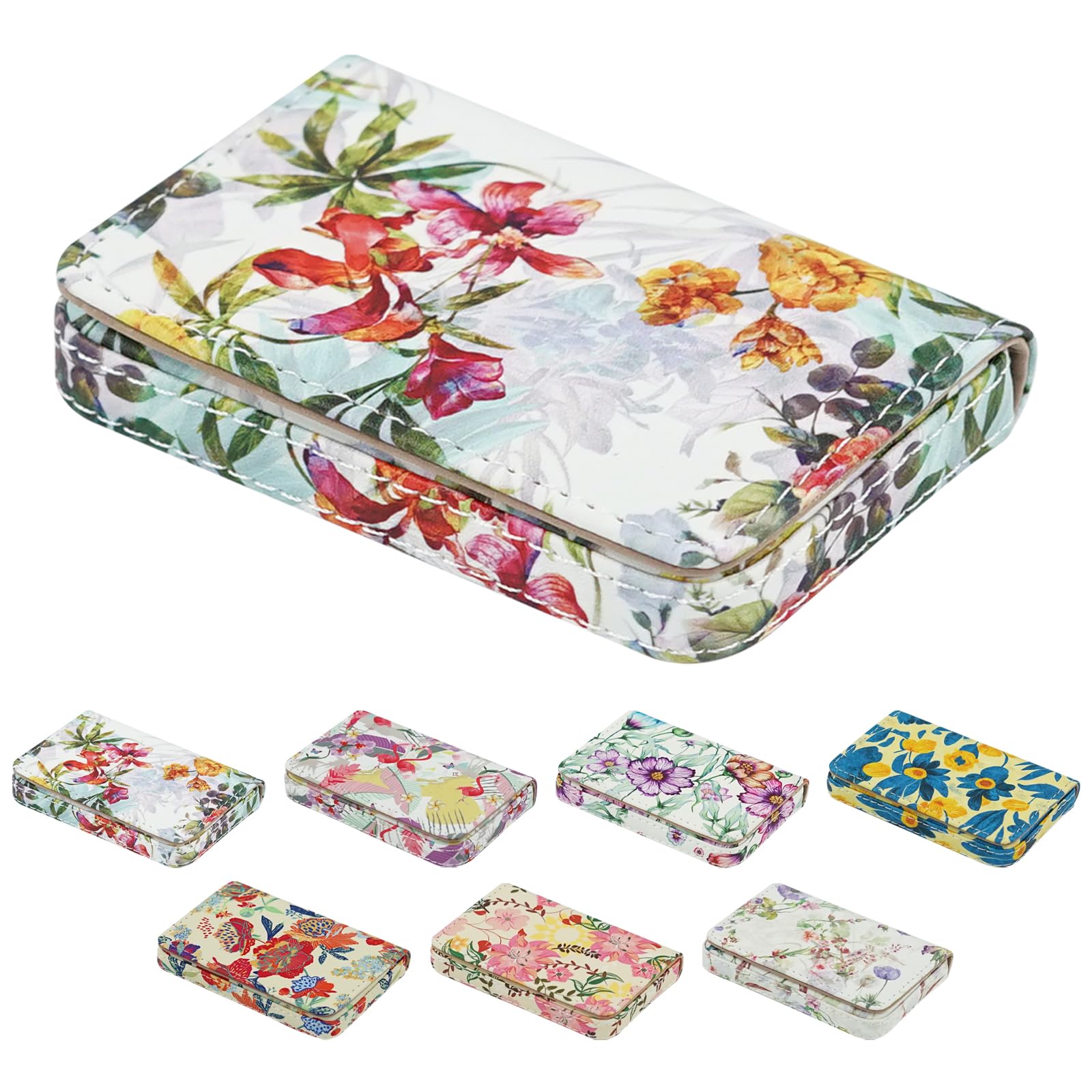 Business Card Holder，PU Leather Business Card Case Color Printing Pattern Card Holder Wallet，Pockets Magnetic Credit Card Holders for Men and Women - Flamingo