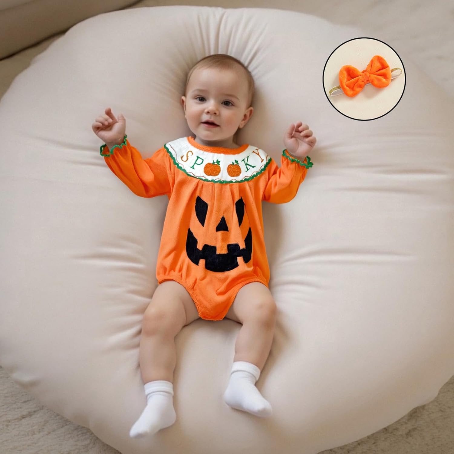 Lamuusaa Newborn Baby Girl Halloween Outfit Long Sleeve Spooky Embroidery Romper Pumpkin Bodysuit Headband Halloween Clothes - Image 2