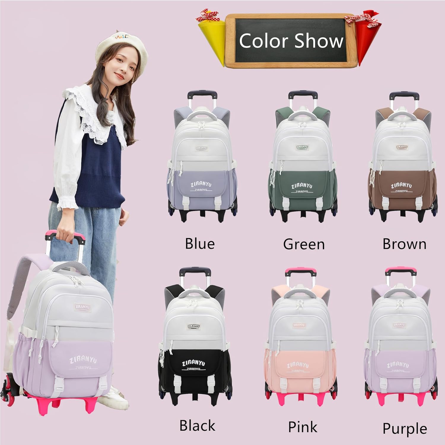 Rolling Backpack, Wheeled Bookbag for School, Roller Backpack with Wheels for Boys, Purple, 31(L)*22(W)*47cm(H);12.2(L)*8.7(W)*18.5Inch(H), 1.8KG