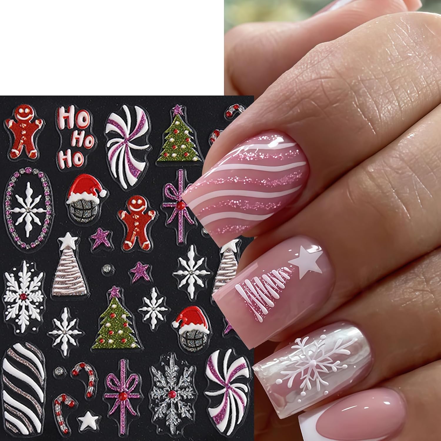 4 Pcs Christmas Nail Stickers 5D Embossed Christmas Tree Glitter Snowman Nail Art Stickers Gingerbread Man Snowflake Nail Decals Winter Xmas New Year Nail Design for Women DIY Winter Holiday Manicure image 4