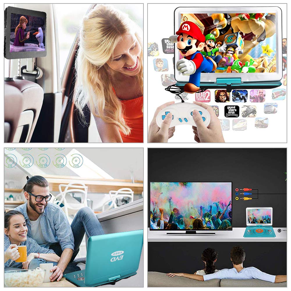 YOOHOO Lecteur DVD Portable de 16,9" avec écran LCD HD de 14,1" avec contrôleur Haute résolution Batterie Rechargeable Grand écran Lecteur DVD pour Voiture (Vert)