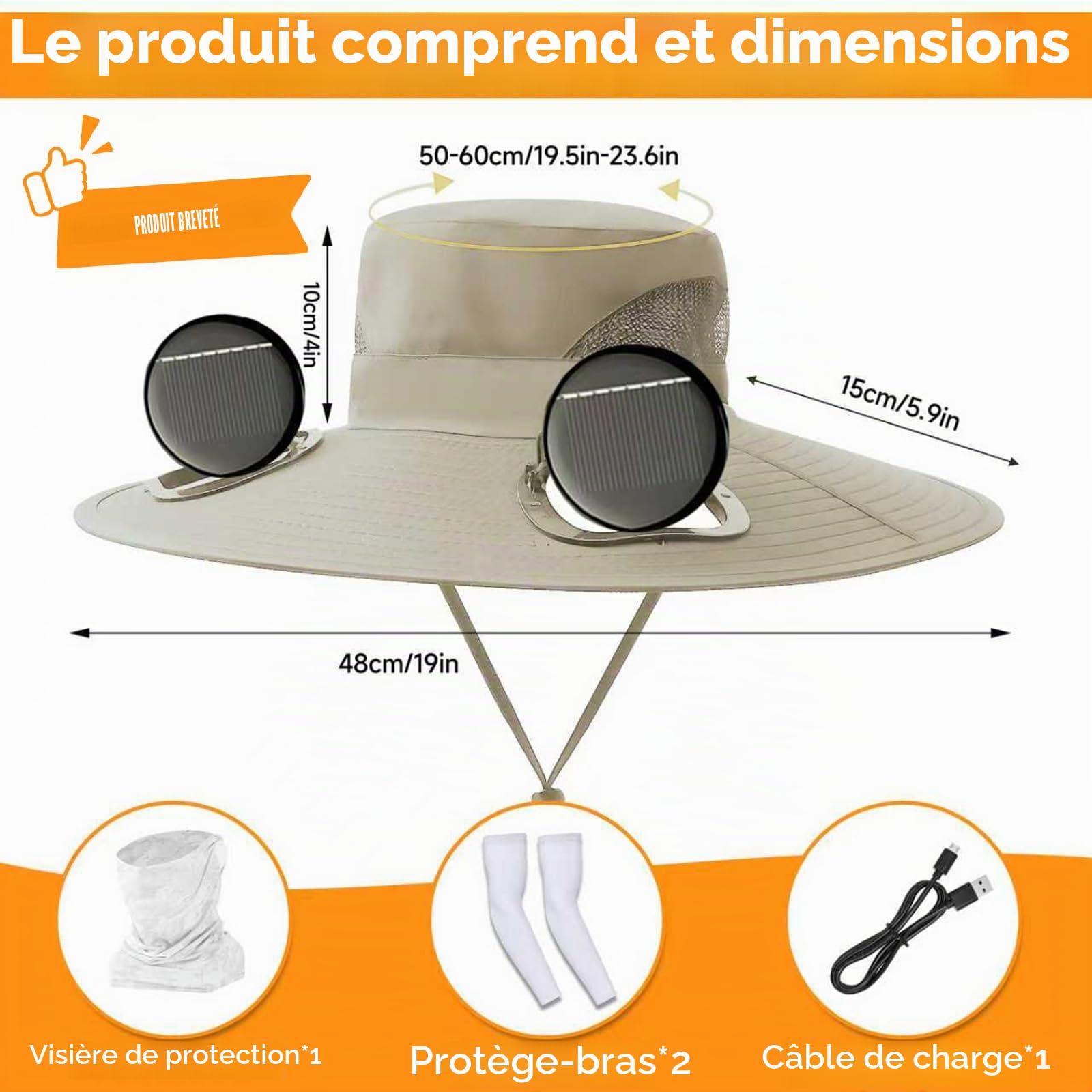 Chapeau de ventilateur à énergie solaire, chapeau de soleil d'extérieur 2025 à large bord avec 2 ventilateurs à énergie solaire pour adultes – Chapeau de pêche d'été avec protection UV