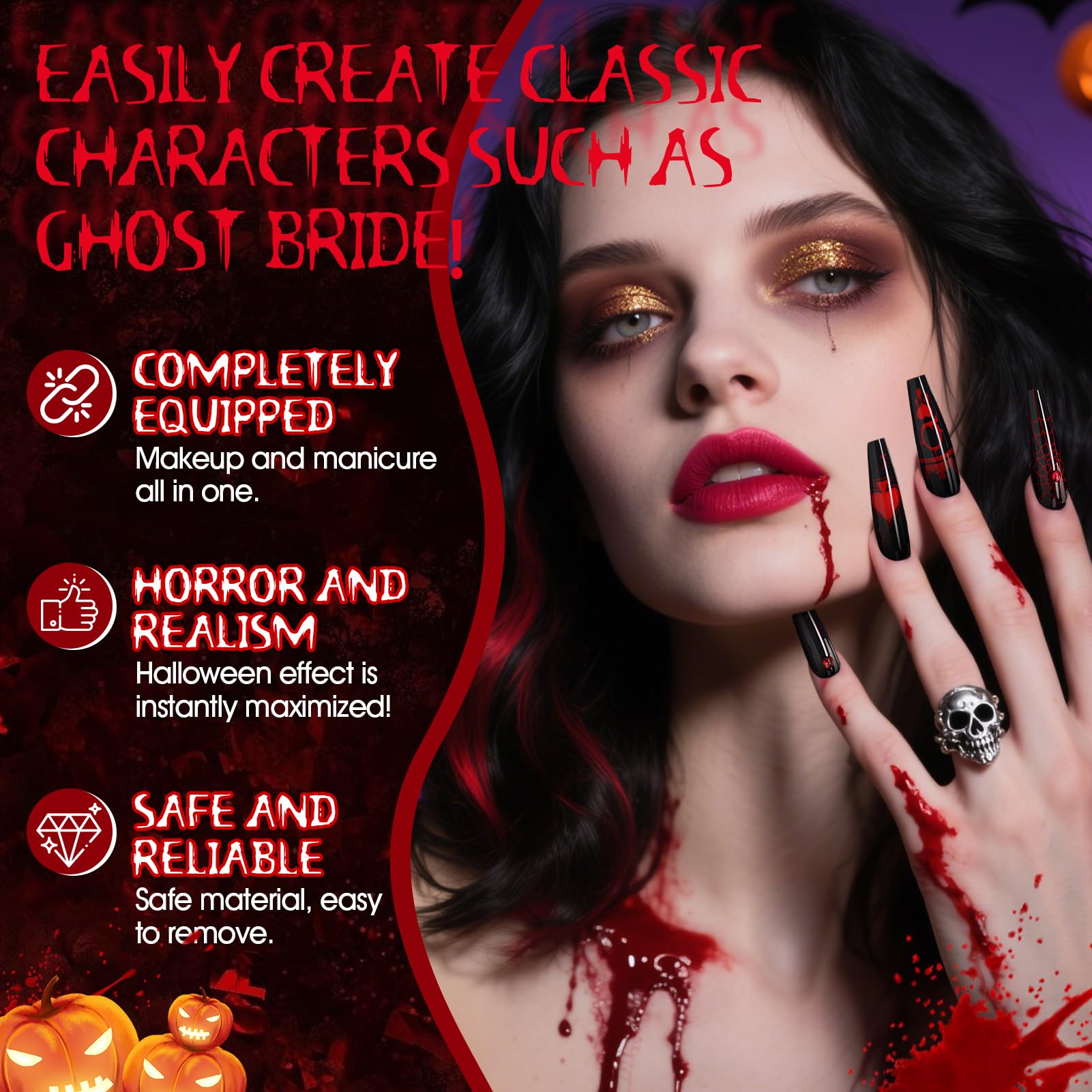 Halloween Make Up Kit, All in One Makeup Kit, Vampire Makeup Kit with Metallic Eyeshadow, Halloween False Nails - Image 2