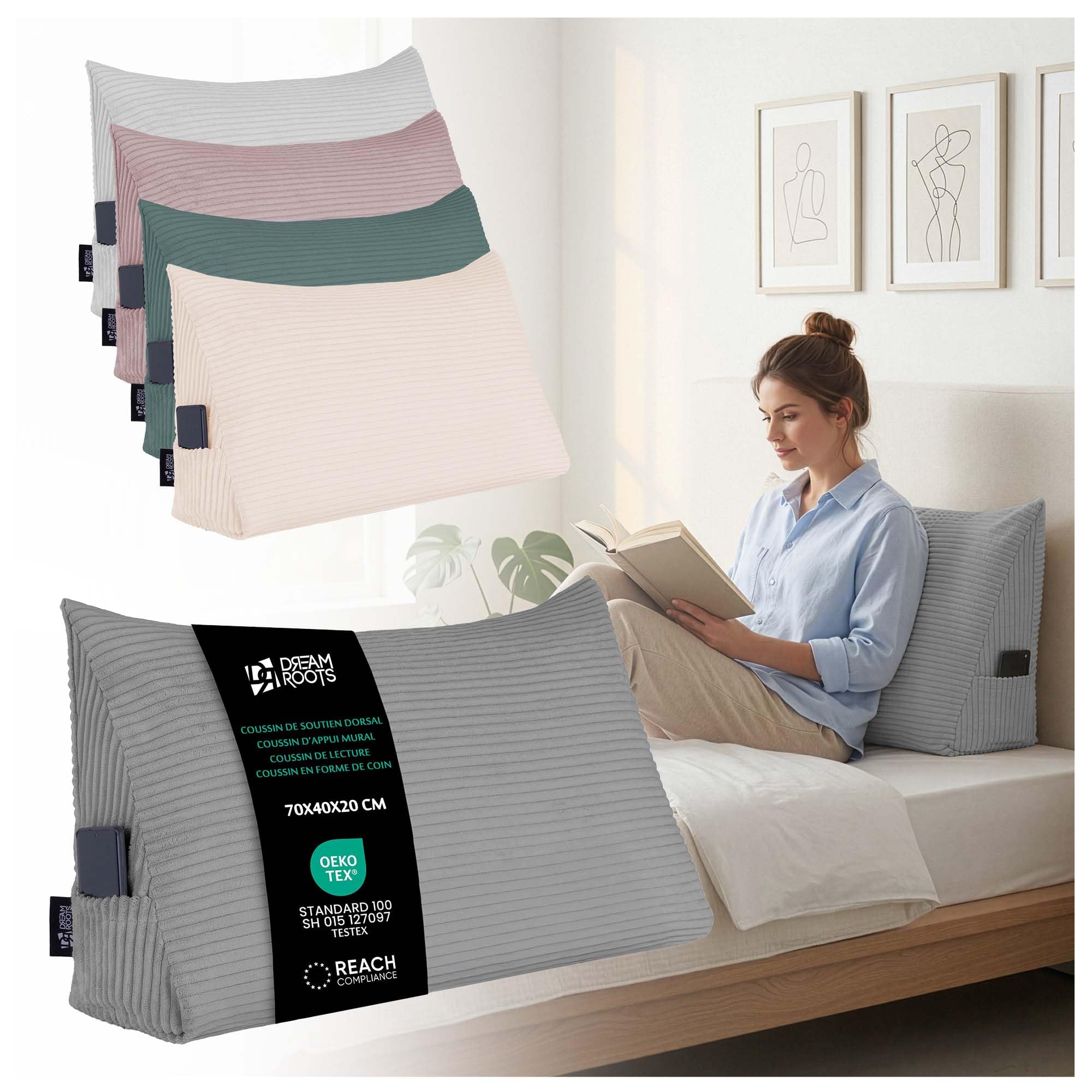 DreamRoots Coussin Dossier Triangulaire Lecture, Tête de Lit, Gris Foncé | Coussin d'appui mural, soutien dorsal, dossier canapé & lit, 70x40x20 cm, velours côtelé, déhoussable lavable, poche