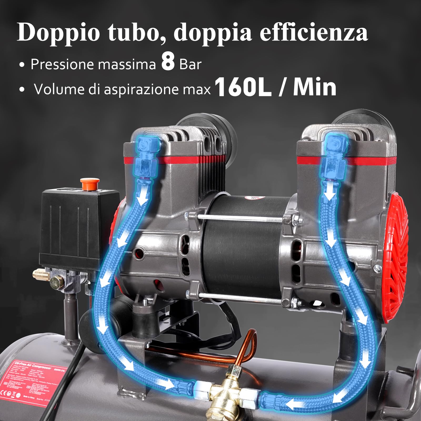 HYCHIKA Compressore Aria Silenziato 24 litri 8 Bar 230V-240V 1100W Senza Olio