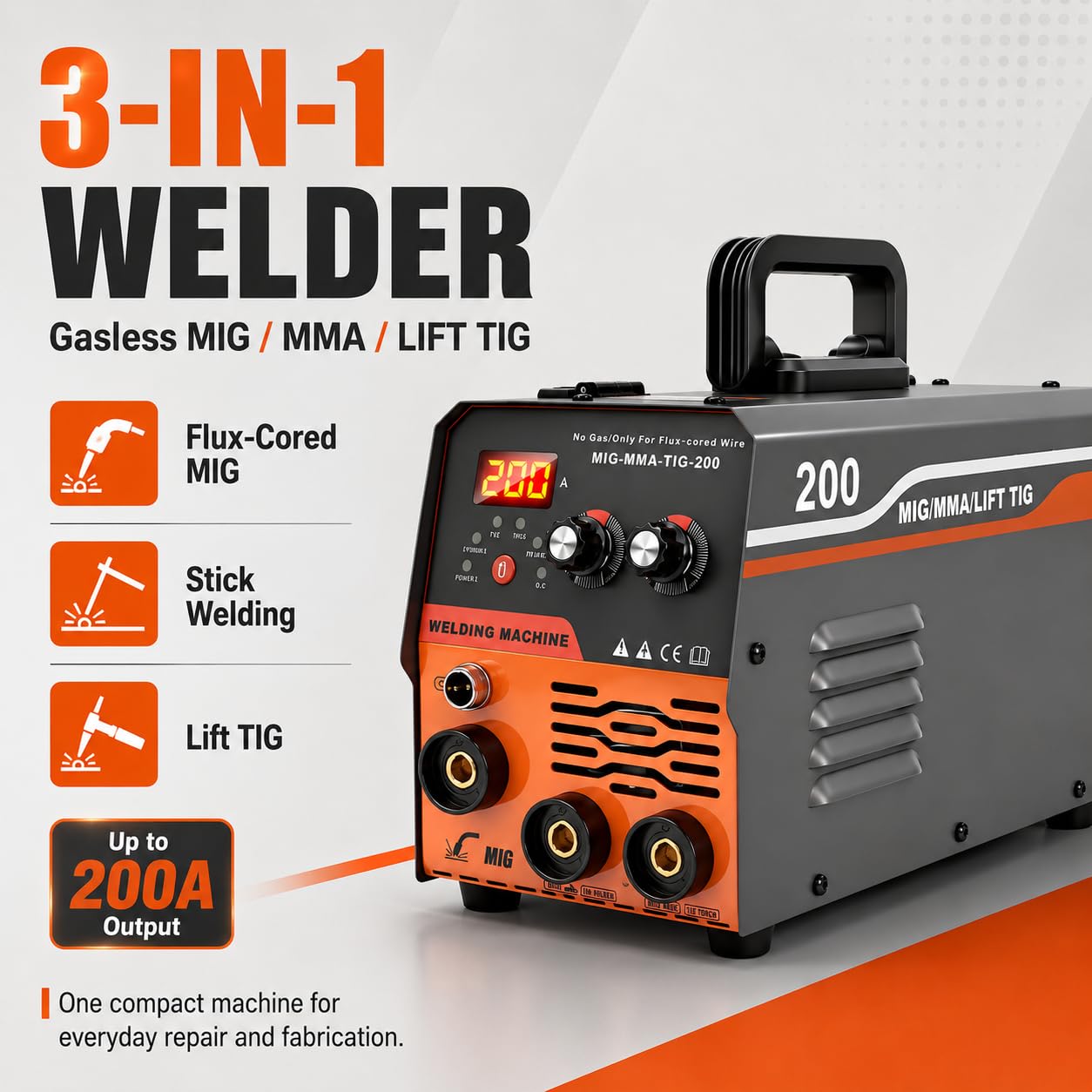 VOBOR Spawarka bezgazowa 200 A, 220 V, spawarka elektrodowa synergiczna 3 w 1 MIG/ARC/Lift TIG IGBT inwerter spawacz z drutem 1,0 mm pręt, pistolet spawalniczy MIG