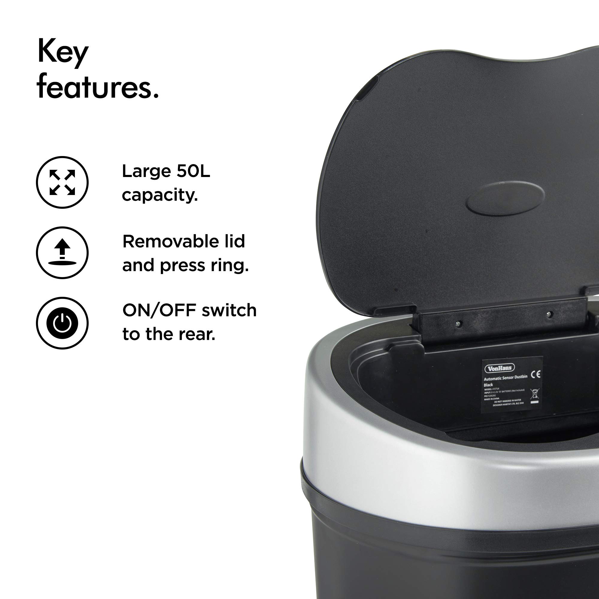 VonHaus 50L Sensor Bin Automatic Touchless Kitchen Waste Dustbin Black