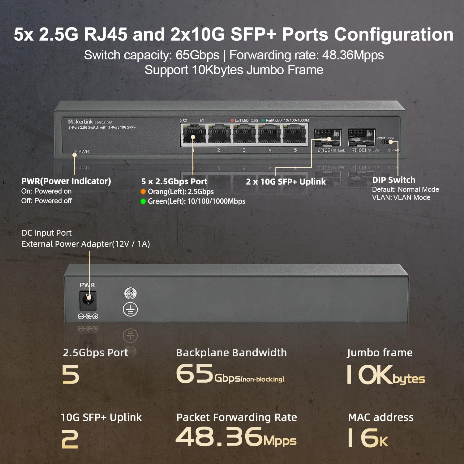 MokerLink 5-portowy przełącznik Ethernet 2.5 Gigabit z gniazdem 2 x 10G SFP, 5 x 2,5 G Base-T portów, izolacja VLAN, metal Unmanaged Fanless Small Network Switch
