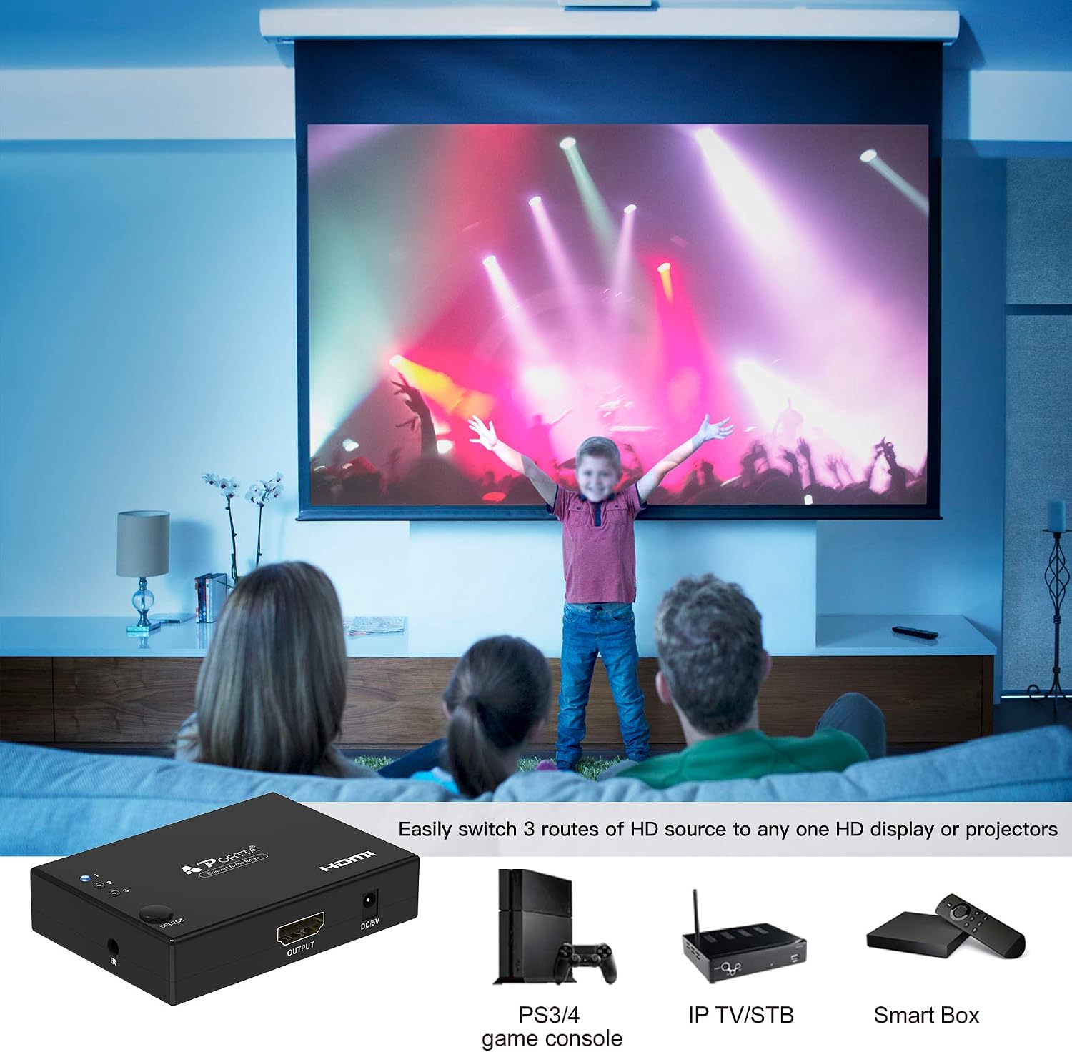 PORTTA HDMI Switch 4K, HDMI Switcher 3 in 1 Out HDMI Splitter, HDMI Selector Box 3 Port with IR Remote Control, Support 4K 1080P 3D for PS4 Xbox Roku Blu-Ray Player HDTV