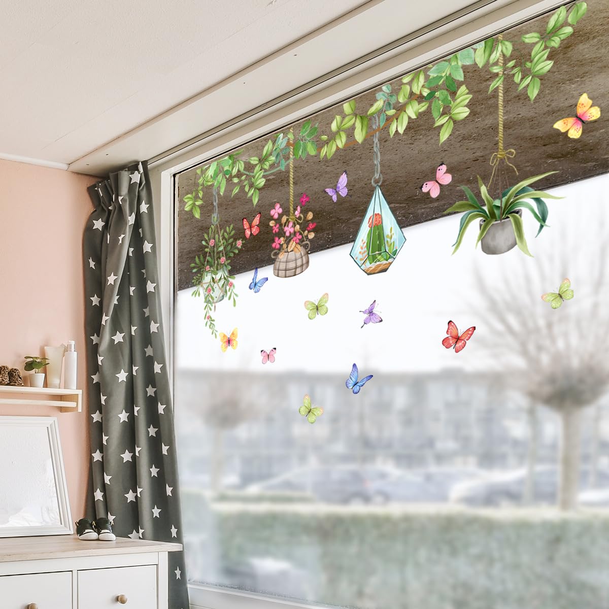 Runtoo Potted Plant Window Clings Flower Catcus Hanging Vines Glass Wall Decals Stickers Tropical Botanical Cactus Living Room Bedroom Home Decor - Image 3