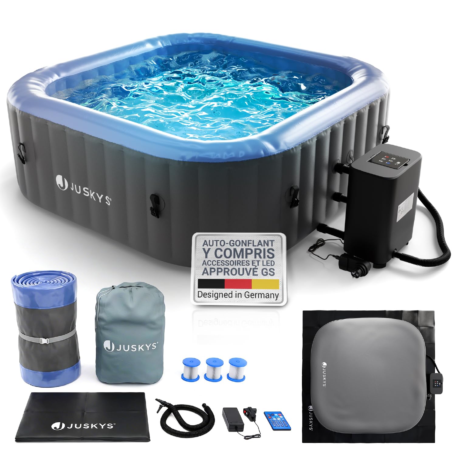 JUSKYS® Bain bouillonnant SpaLuxe – Structure extérieure, 130 Buses, Puissance Totale 3000 W, éclairage LED Gris/Bleu