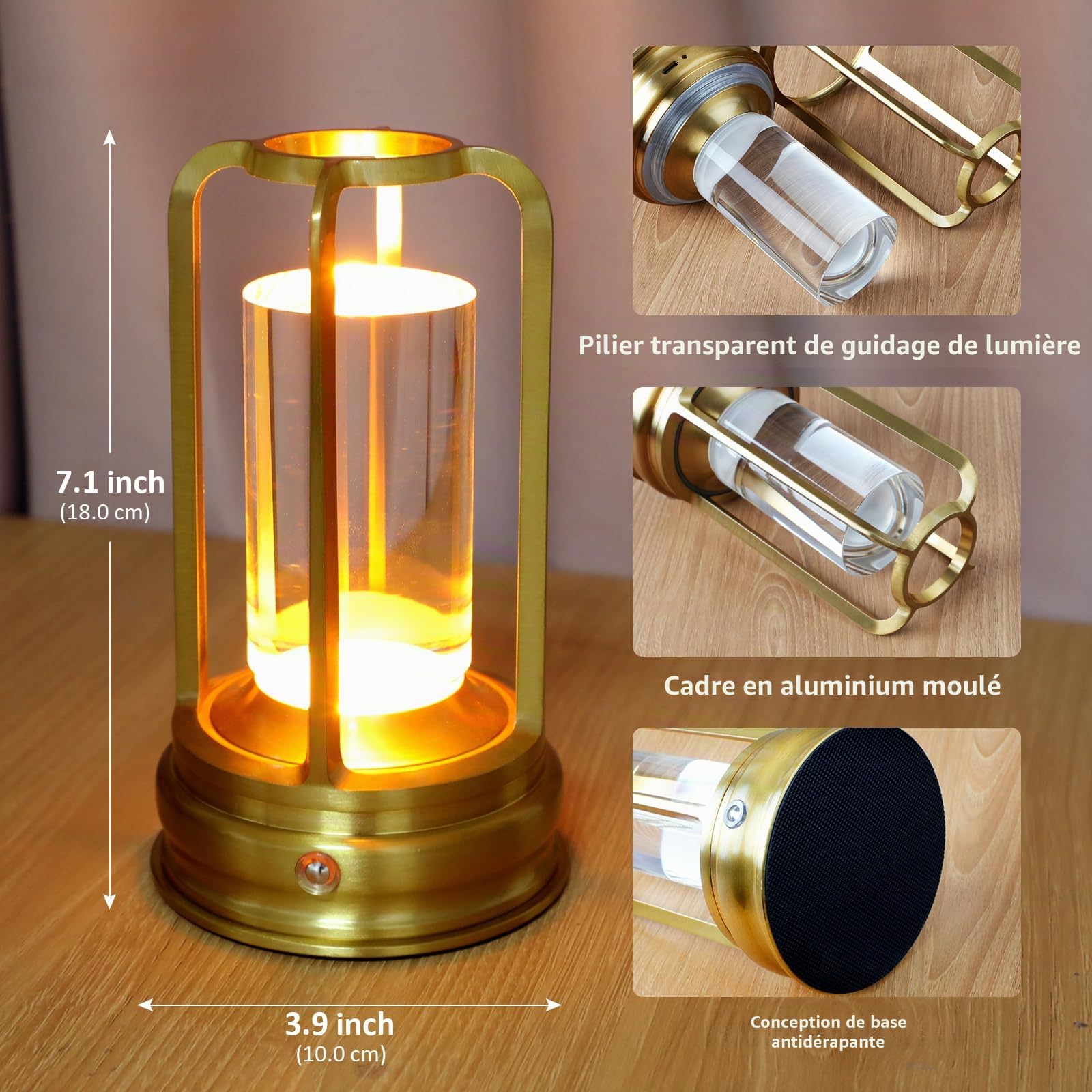 Kangtaixin Lampe de table rechargeable sans fil, lampe tactile LED portable avec 3 niveaux de luminosité, batterie 2000mAh, pour extérieur, jardin, restaurant et camping, or, lot de 2