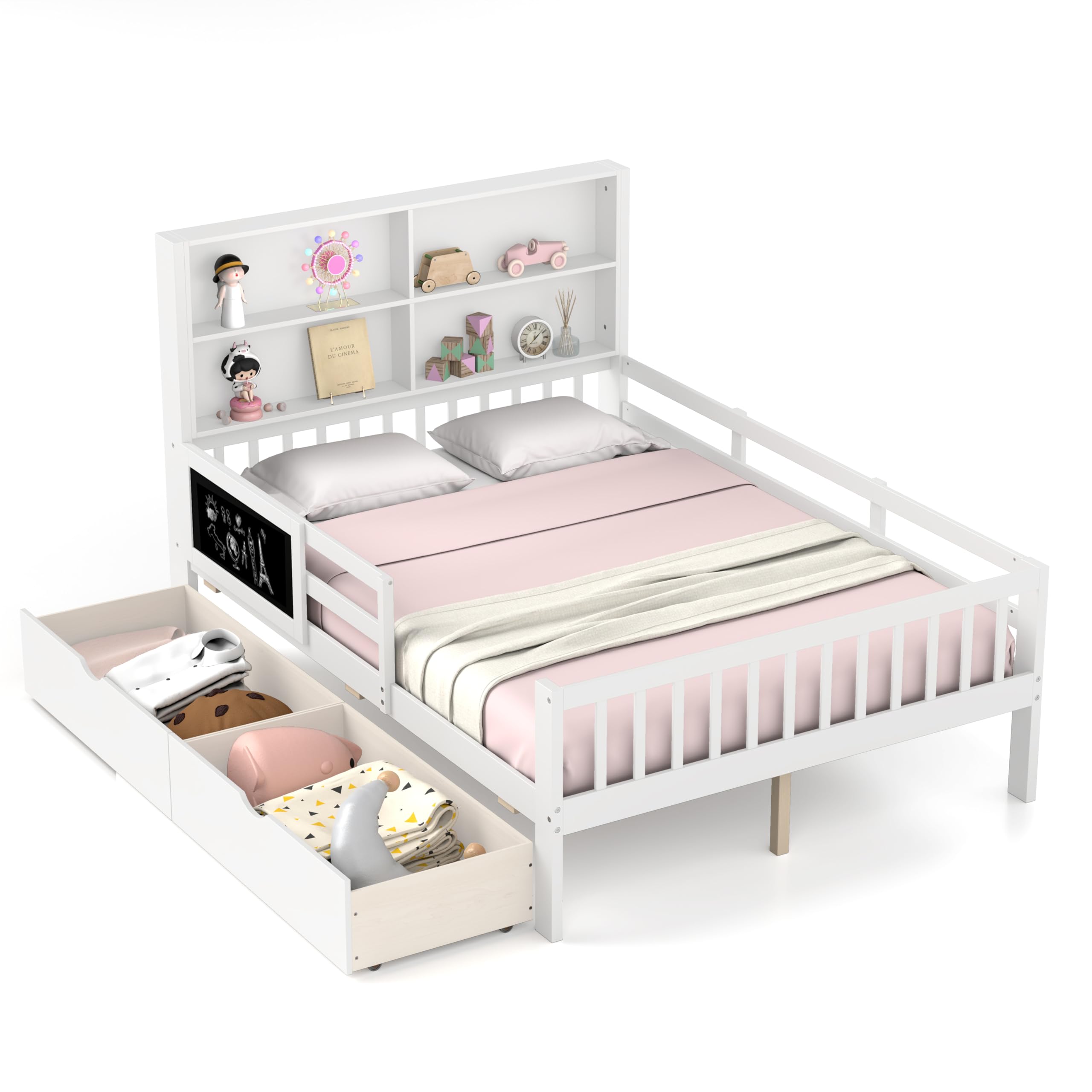 GIANTEX Kinderbett 140x200 cm mit Bücherregal & Tafel, Doppelbett mit Stauraum, Jugendbett mit 2 Schubladen, Plattformbett Bettgestell mit Rausfallschutz & Lattenrost, Holzbett für Kinder, Weiß