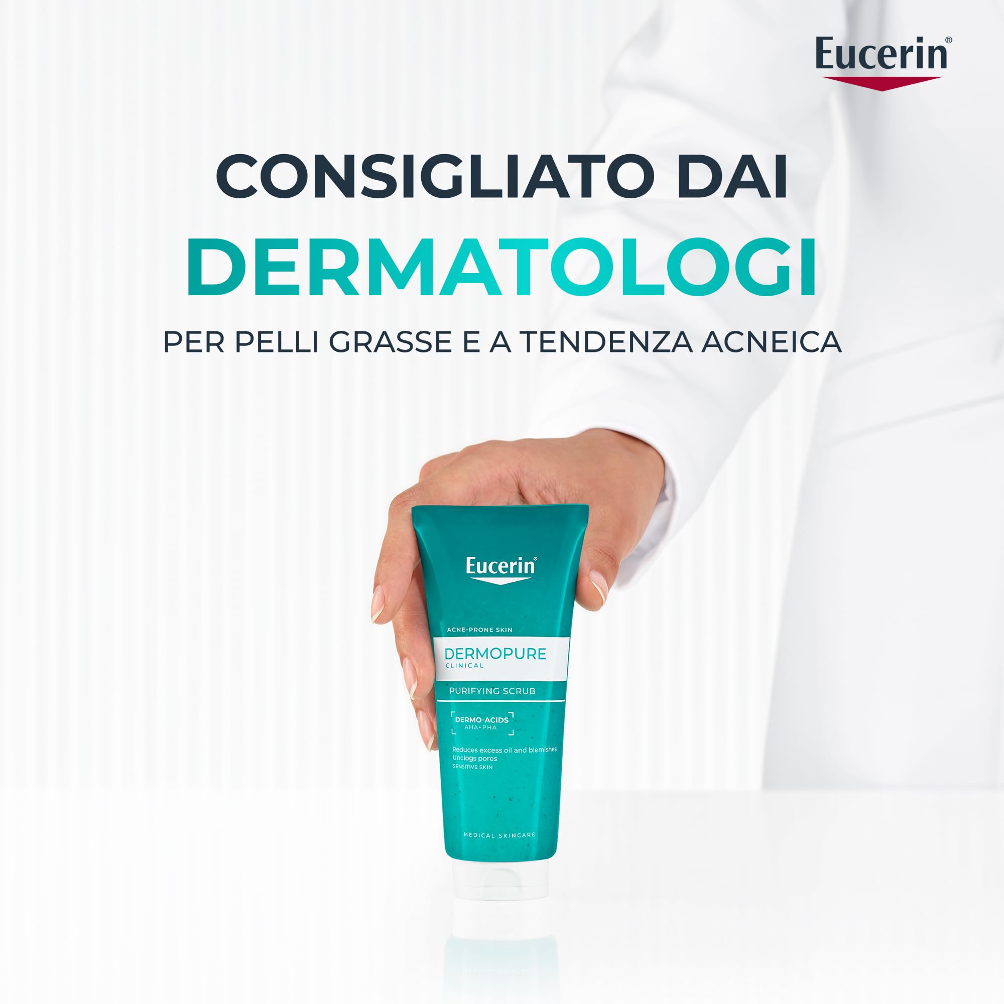Eucerin DermoPure Clinical Scrub Purificante 100 ml, Scrub viso e corpo anti-imperfezioni e punti neri con Acido Salicilico e Dermoacidi AHA + PHA, Esfoliante pelle grassa e a tendenza acneica