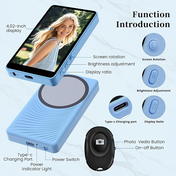 Vlog Selfie Monitor Screen,3 Levels Brightness&Widescreen Mode,No Delay 4K 60fps Bluetooth Remote Control,Back Camera Display for Selfie/Vlogging/Live Stream TK,Compatible with iPhone&Android (Blue)