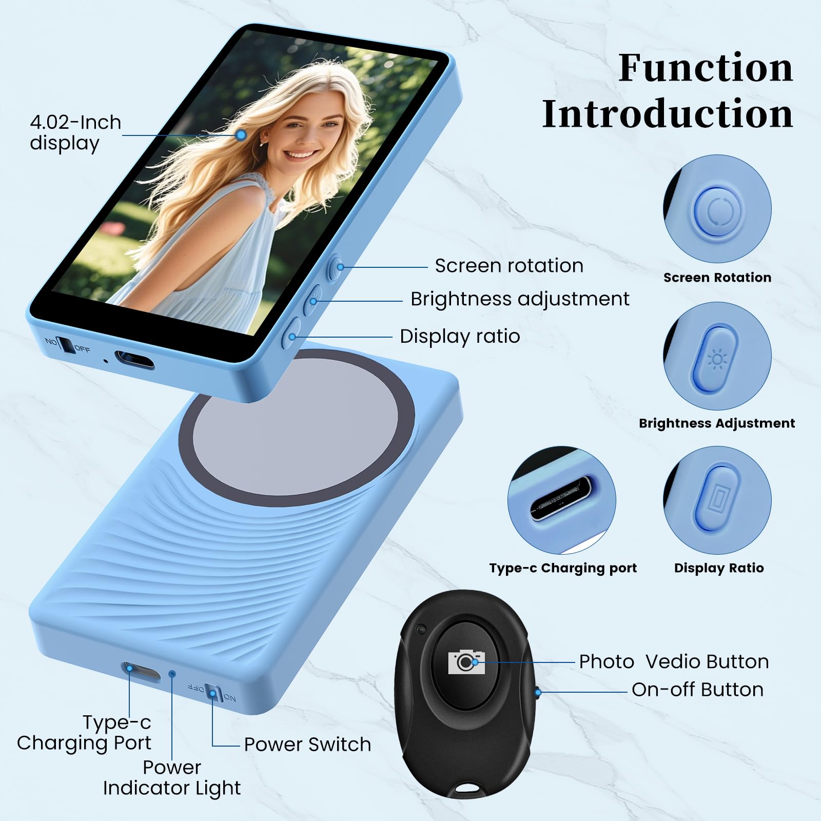 Écran de Moniteur Selfie pour Téléphone, 3 Niveaux de Luminosité, Télécommande Bluetooth 4K 60 fps, écran de Caméra Arrière pour Selfie/Vlog/LiveStream TK, Compatible avec iPhone et Android (Bleu)